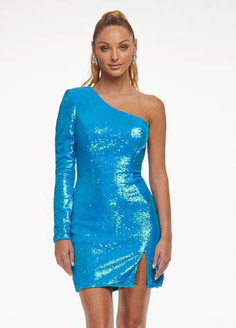 Ashley-Lauren-4455-Neon-Blue-Homecoming-Cocktail-Dress-Front-Sequin-One-Long-Sleeve-Slit