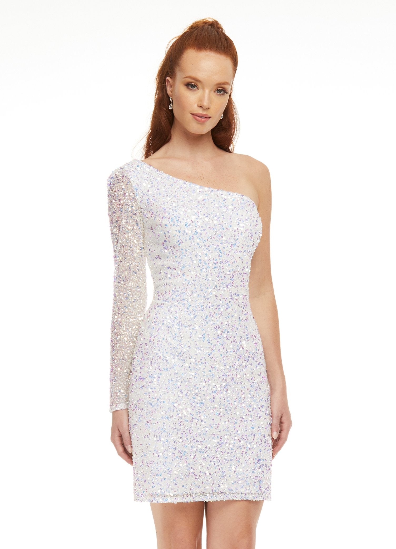 Ashley-Lauren-4457-AB-Ivory-cocktail-dress-front-one-shoulder-long-sleeve-fitted-sequin