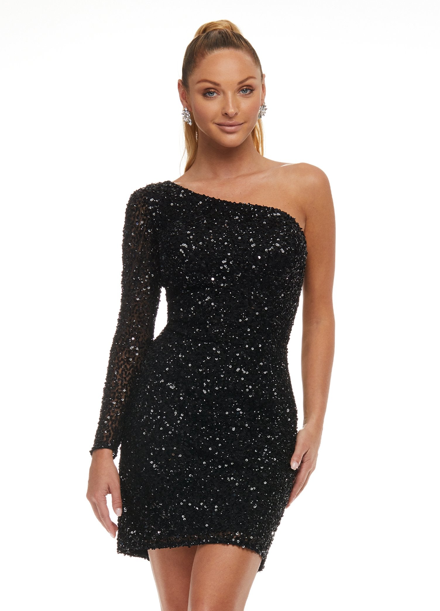 Ashley-Lauren-4457-black-cocktail-dress-front-one-shoulder-long-sleeve-fitted-sequin-homecoming-dress