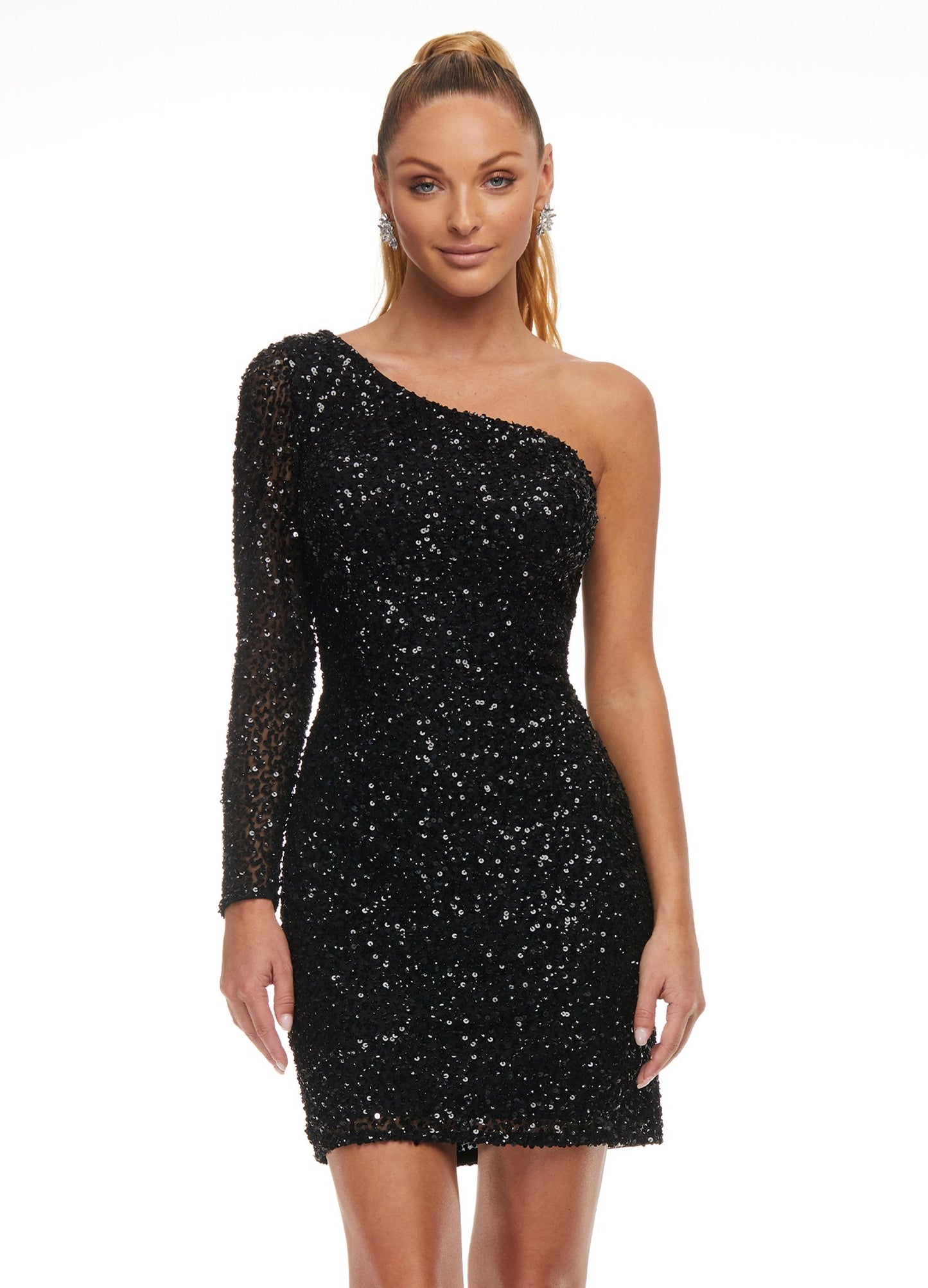 Ashley-Lauren-4457-black-cocktail-dress-front-one-shoulder-long-sleeve-fitted-sequin