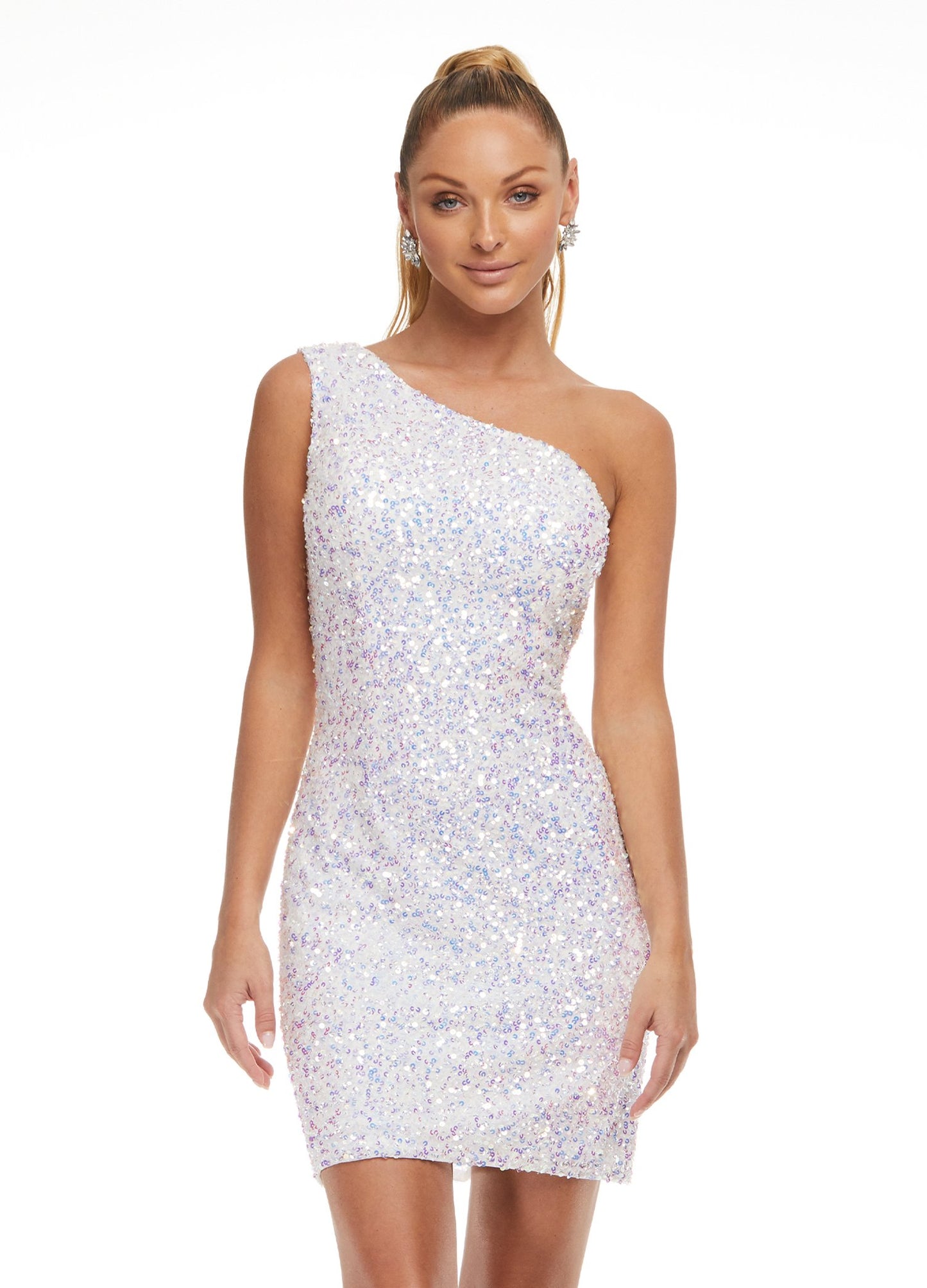 Ashley-Lauren-4469-white-cocktail-dress-front-sequin-one-shoulder-strap-asymmetrical-lace-up-back-cutout-fitted