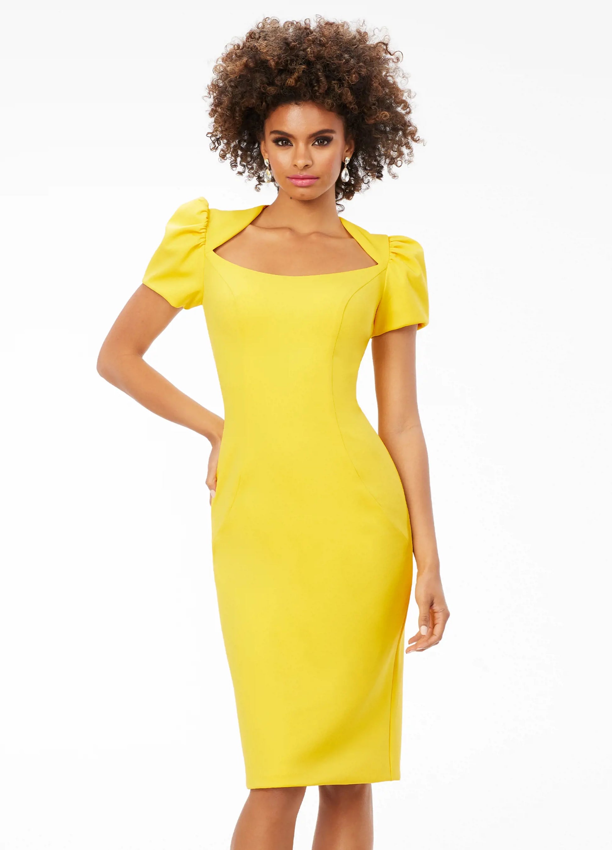 Ashley Lauren 4534 Fitted Short Puff Sleeve Cocktail Dress Knee