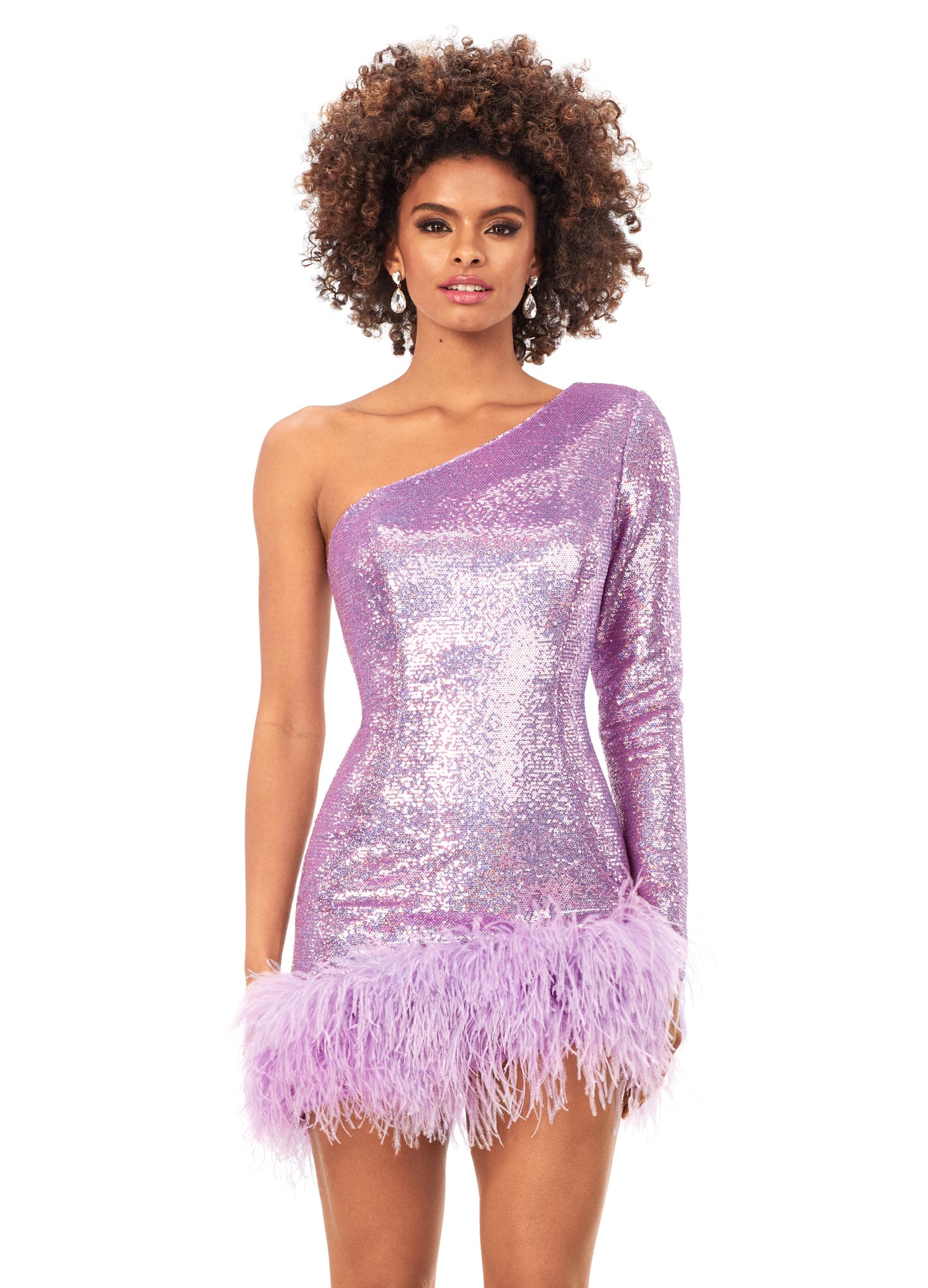 Ashley Lauren 4542 One sleeve sequin cocktail dress with asymmetrical hem. The hem is trimmed with tonal feathers. One Sleeve Fully Sequin Asymmetrical Hem Feather Trim COLORS: Royal, Orchid, Black