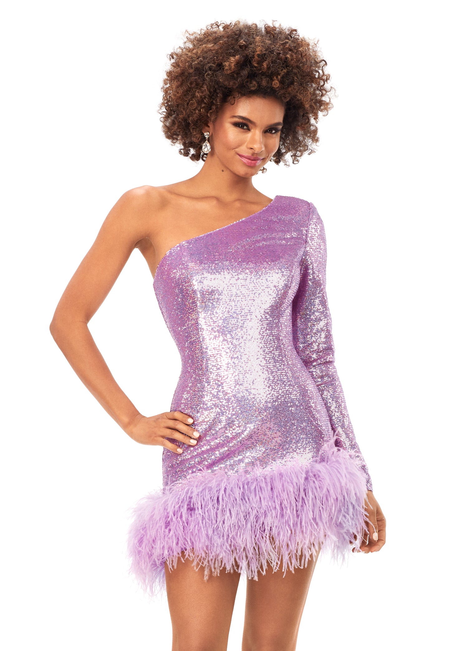 Ashley Lauren 4542 One sleeve sequin cocktail dress with asymmetrical hem. The hem is trimmed with tonal feathers. One Sleeve Fully Sequin Asymmetrical Hem Feather Trim COLORS: Royal, Orchid, Black