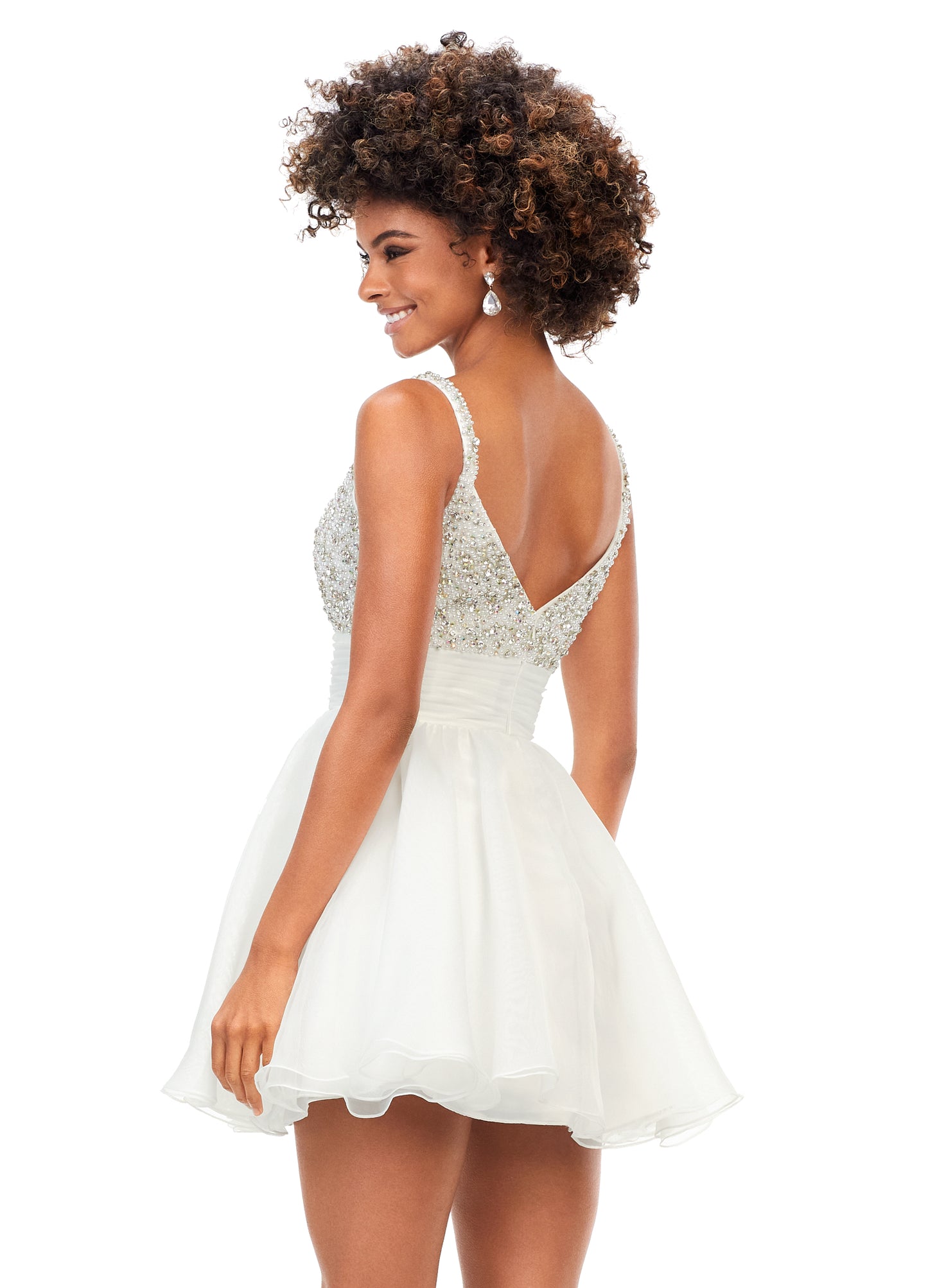 Ashley Lauren 4570 This sweet a-line cocktail gown features a fully beaded bustier and a ruched waist detail. Fully Beaded Bustier A-Line Skirt Ruched Waist Organza COLORS: Sky, Pink, Ivory