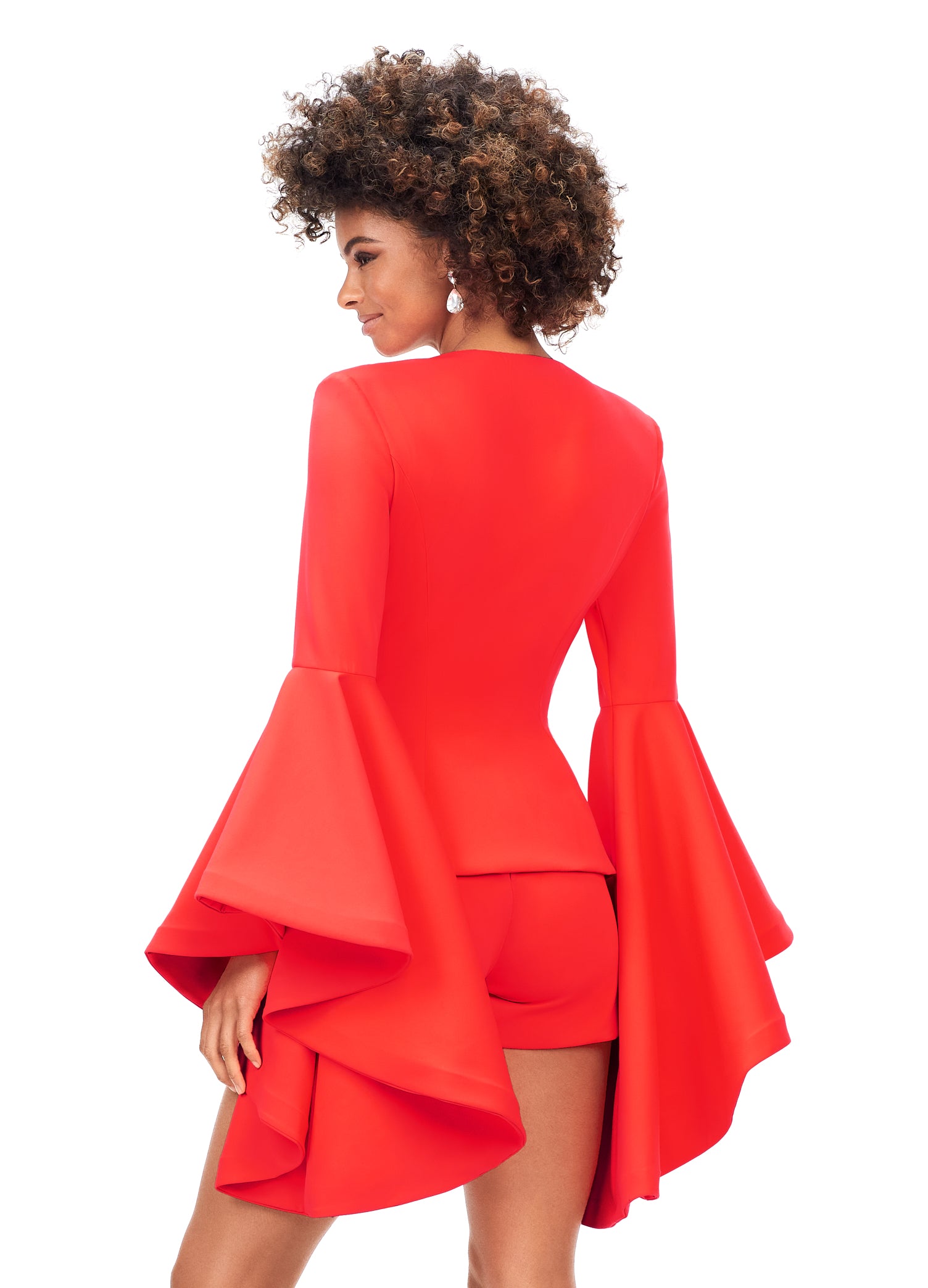 Ashley Lauren 4572 Make a statement in this fabulous two piece romper. The top features a deep v-neckline and dramatic bell sleeves. V-Neckline Bell Sleeves Two-Piece Romper COLORS: Fuchsia, Green, Neon Orange