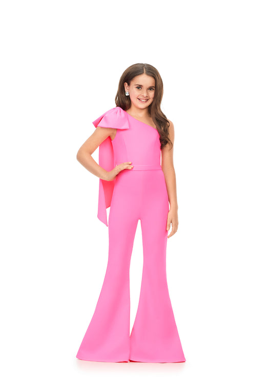 Ashley Lauren Kids 8155 Girls Scuba One Shoulder Jumpsuit with Bow  This one shoulder jumpsuit features a bow with long tails on the shoulder. It's completed with bell bottom pants for that extra hint of fabulous.