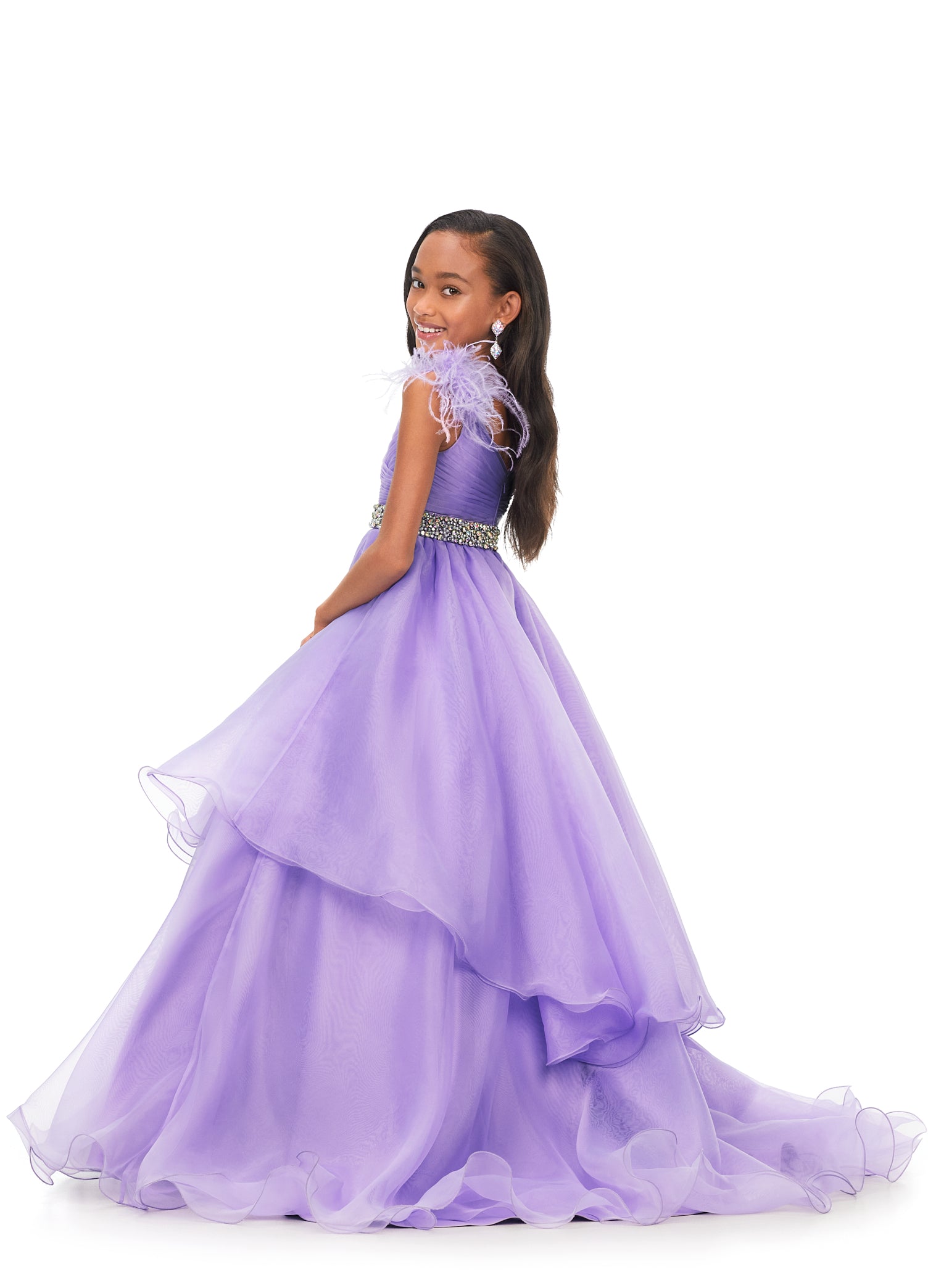 Ashley Lauren Kids 8184 Girls Pageant Dress Ball Gown with Feather Details  This organza kids ball gown features feather shoulders cascading to a crystal encrusted waistline. The layered skirt completes the look.