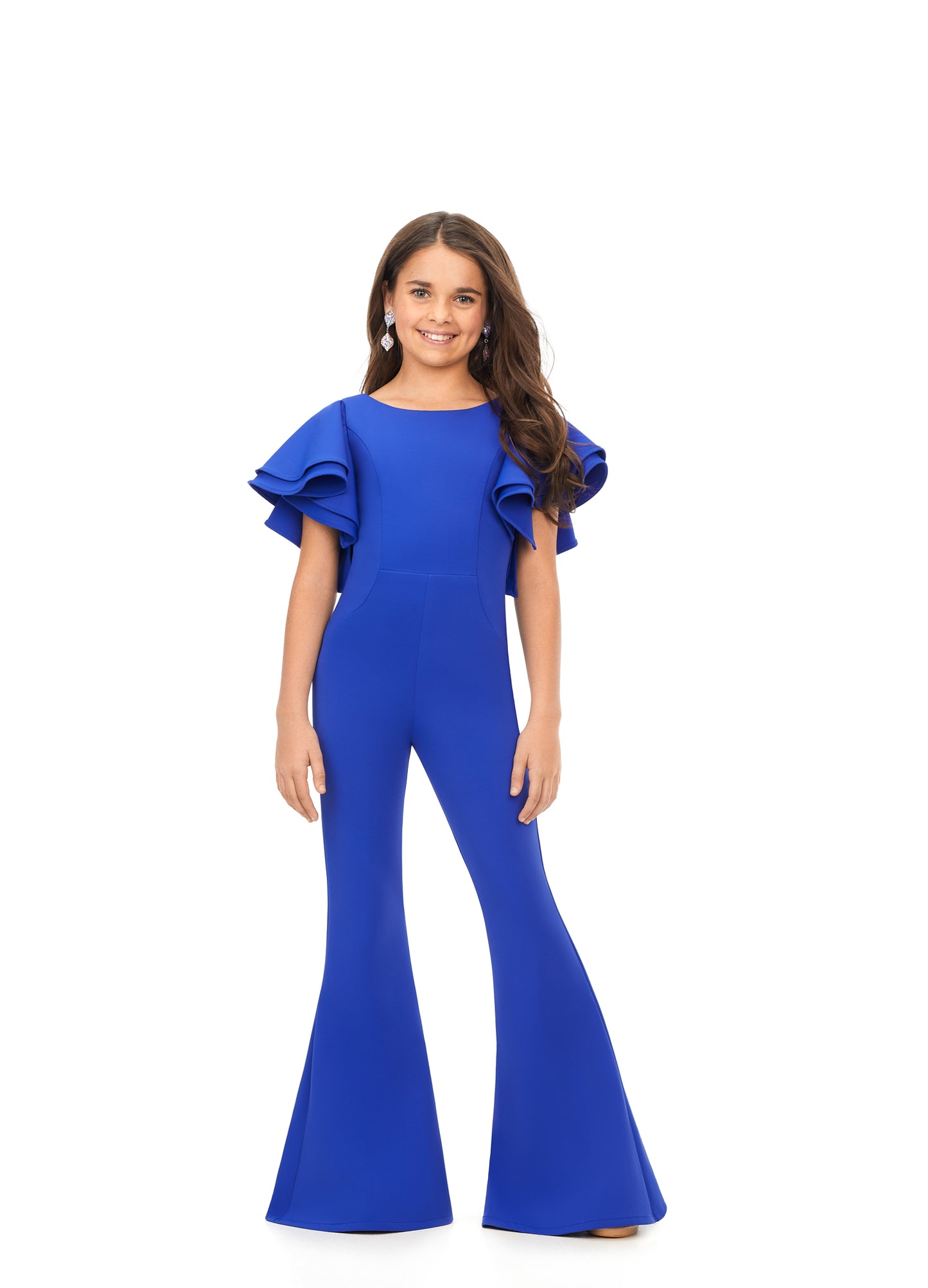 Ashley Lauren Kids 8156 Girls Crew neck jumpsuit with ruffle sleeves  The perfect jumpsuit for any occasion. This jumpsuit features a crew neckline, ruffle sleeves and flare bottom pants.