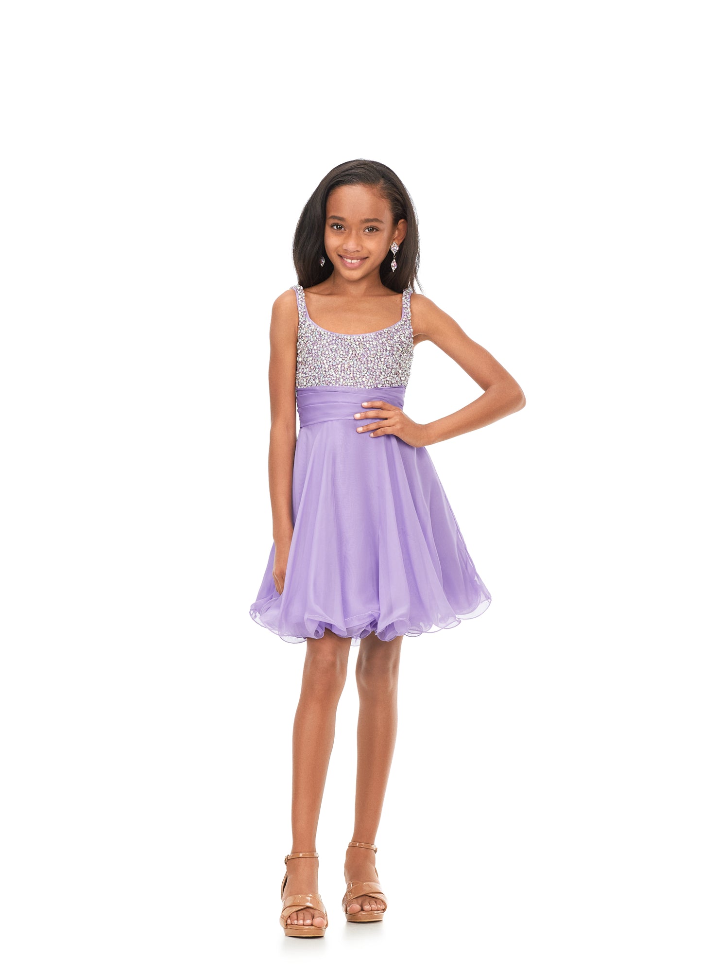 Ashley Lauren Kids 8160 Girls A-Line Cocktail Dress with Crystal Beaded Bustier  This a-line chiffon cocktail gown features a beaded bustier top and ruched waist detail for the perfect, fun look!  Scoop Neckline Beaded Bustier A-Line Skirt Chiffon COLORS: Hot Pink, Ivory, Orchid