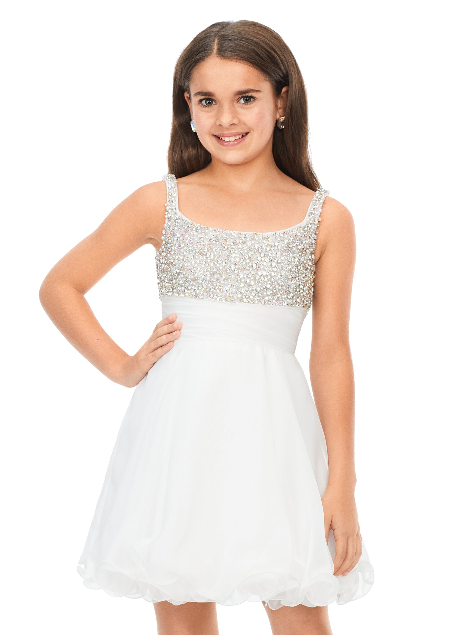 Ashley Lauren Kids 8160 Girls A-Line Cocktail Dress with Crystal Beaded Bustier  This a-line chiffon cocktail gown features a beaded bustier top and ruched waist detail for the perfect, fun look!  Scoop Neckline Beaded Bustier A-Line Skirt Chiffon COLORS: Hot Pink, Ivory, Orchid