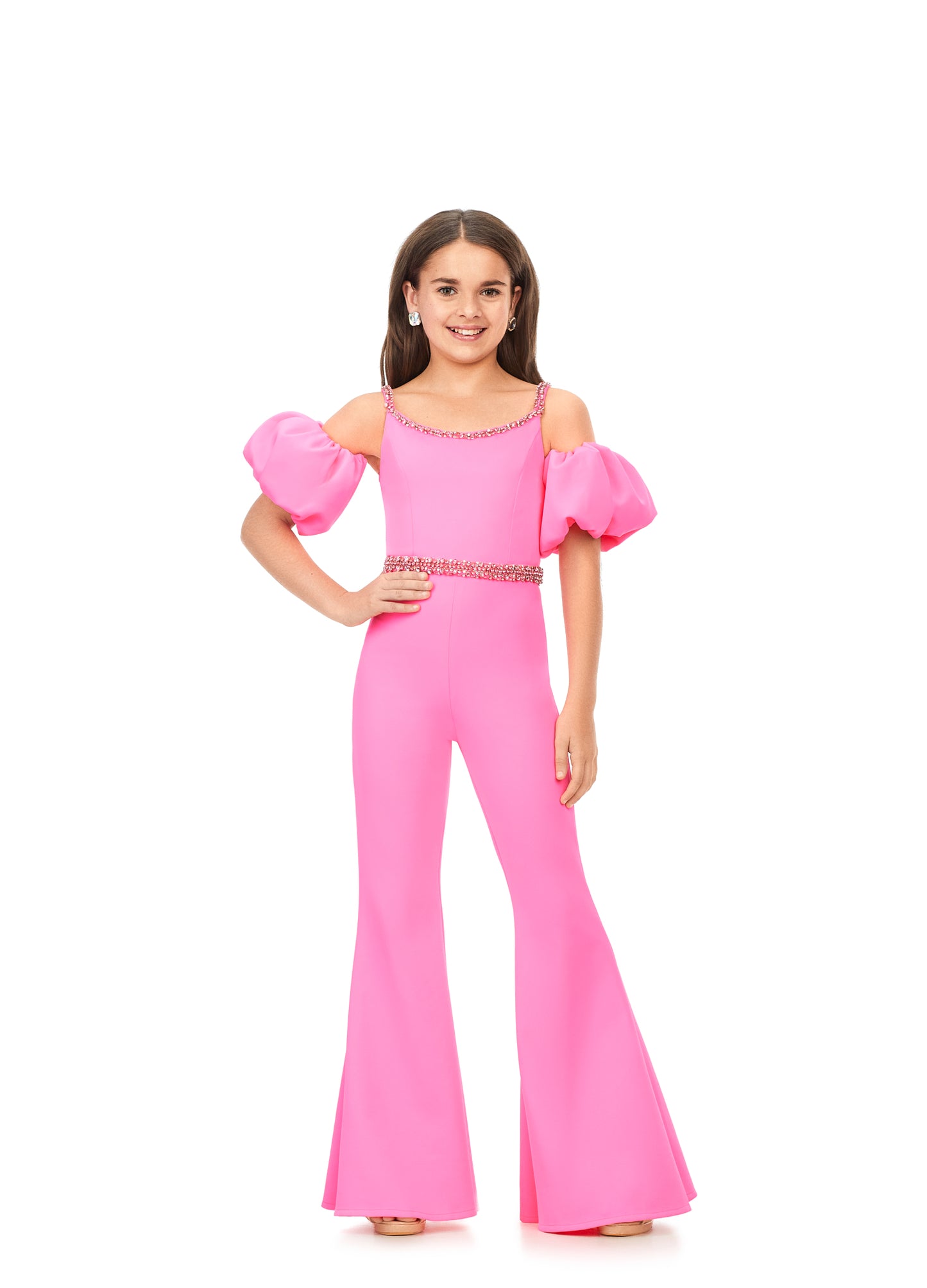 Ashley Lauren Kids 8164 Girls Off Shoulder Scuba Jumpsuit with Puff Sleeves  A scuba jumpsuit with off shoulder puff sleeves? We're obsessed! This jumpsuit has a beaded neckline and waist band to offer the right mix of classy and fabulous.