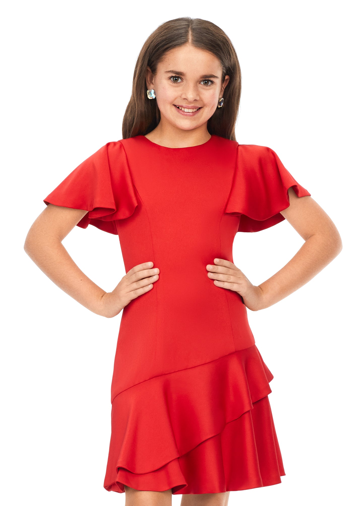 Ashley Lauren Kids 8167 Girls Crepe Cocktail Dress with Ruffle Details  A crepe dress perfect for any event. This dress features flutter sleeves and an asymmetric ruffle skirt red