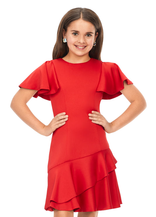 Ashley Lauren Kids 8167 Girls Crepe Cocktail Dress with Ruffle Details  A crepe dress perfect for any event. This dress features flutter sleeves and an asymmetric ruffle skirt red