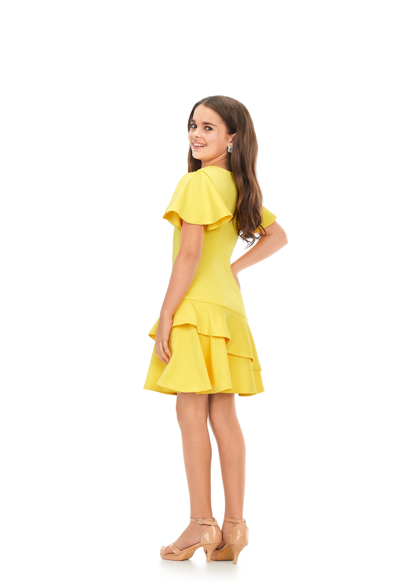 Ashley Lauren Kids 8167 Girls Crepe Cocktail Dress with Ruffle Details A crepe dress perfect for any event. This dress features flutter sleeves and an asymmetric ruffle skirt yellow