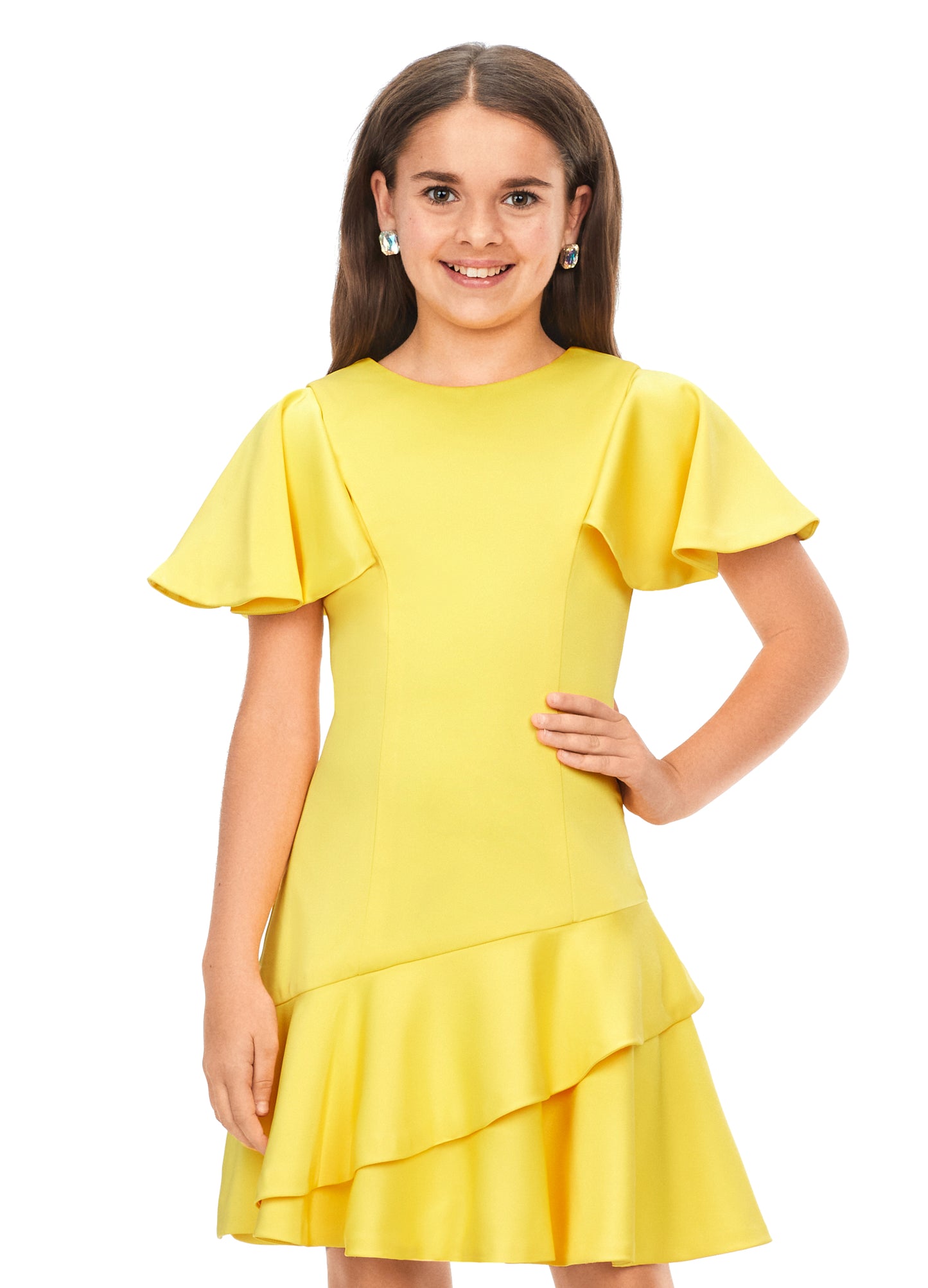 Ashley Lauren Kids 8167 Girls Crepe Cocktail Dress with Ruffle Details  A crepe dress perfect for any event. This dress features flutter sleeves and an asymmetric ruffle skirt yellow
