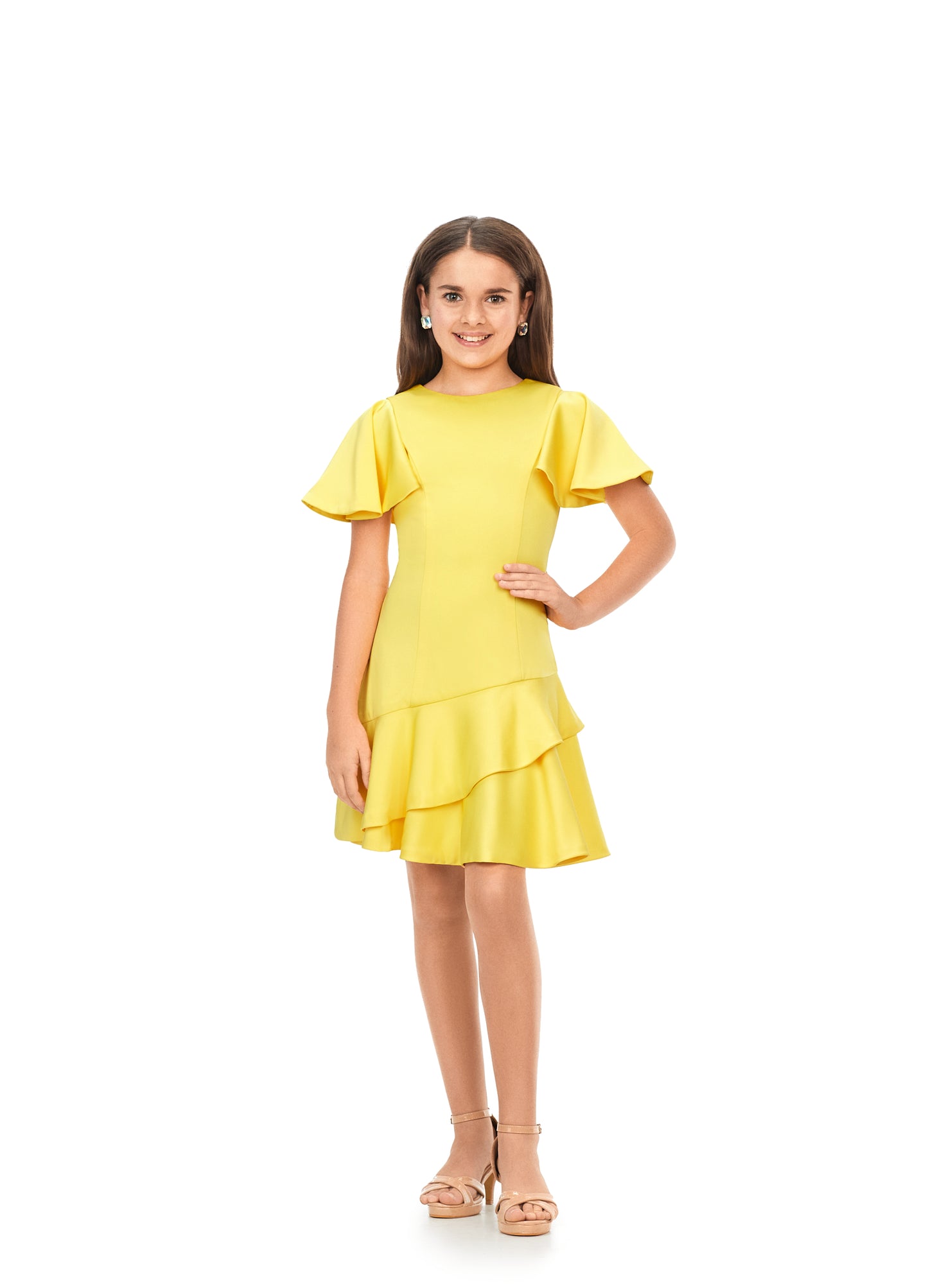 Ashley Lauren Kids 8167 Girls Crepe Cocktail Dress with Ruffle Details  A crepe dress perfect for any event. This dress features flutter sleeves and an asymmetric ruffle skirt yellow