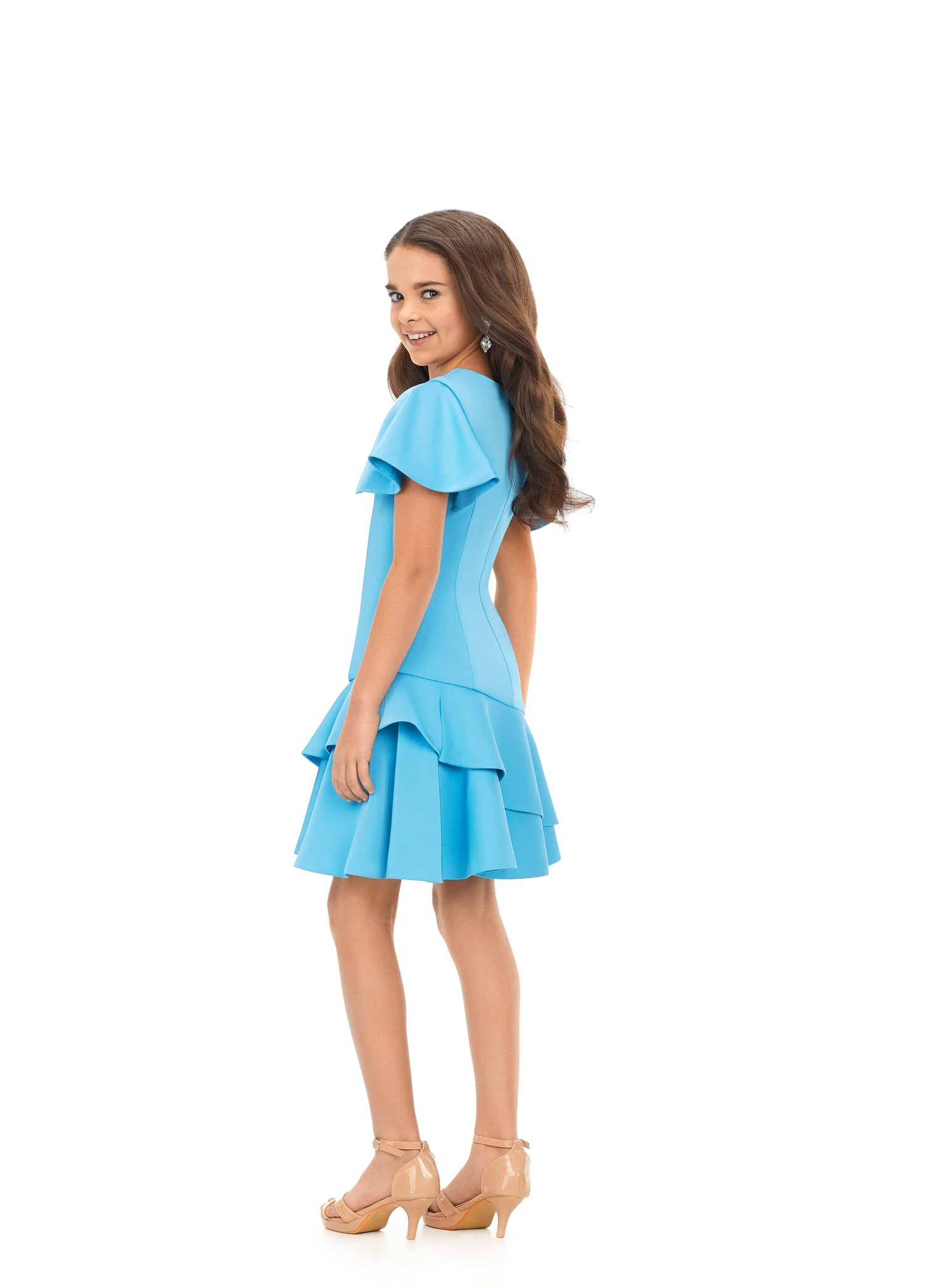 Ashley Lauren Kids 8167 Girls Crepe Cocktail Dress with Ruffle Details A crepe dress perfect for any event. This dress features flutter sleeves and an asymmetric ruffle skirt turquoise
