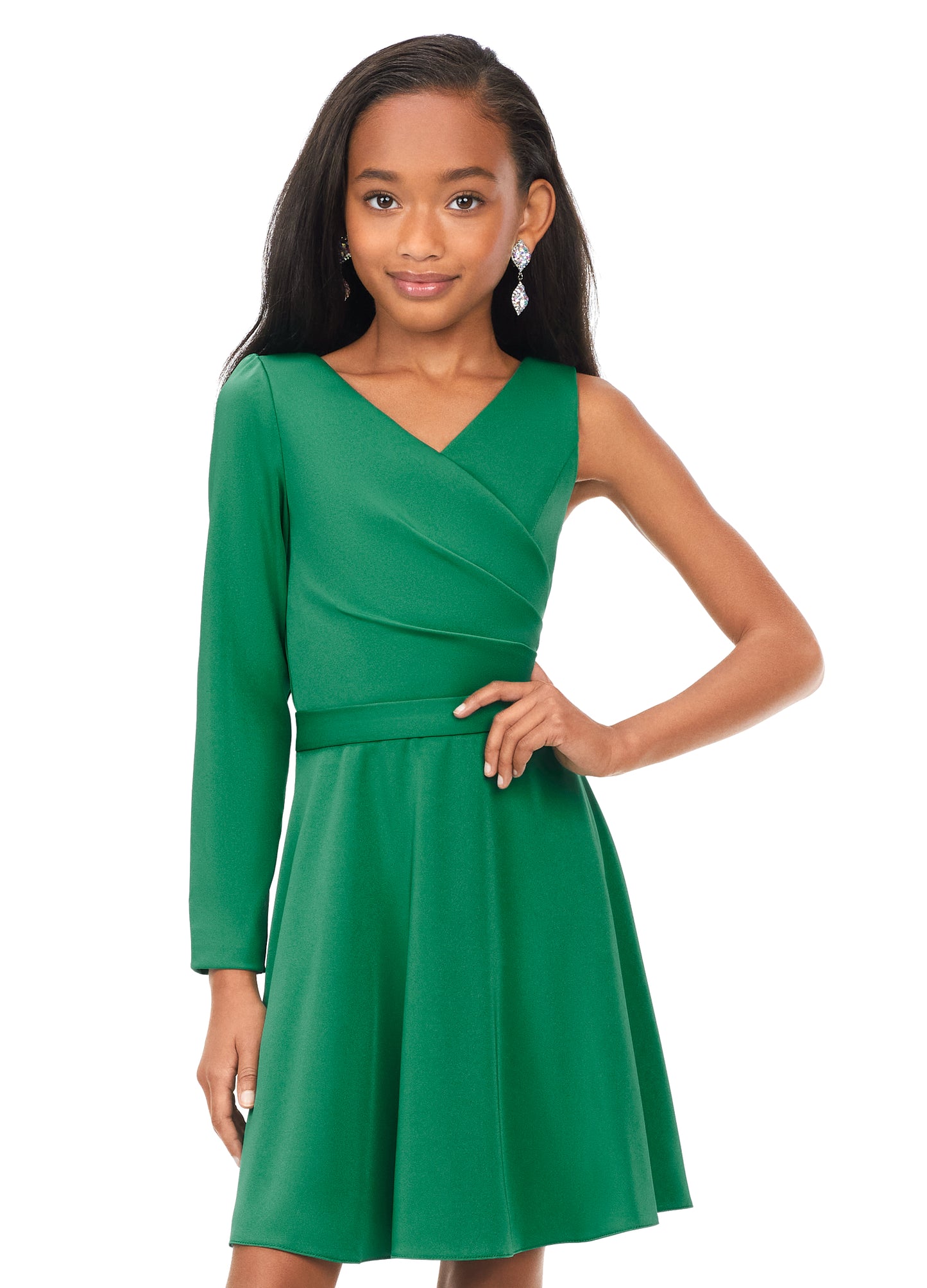 Ashley Lauren Kids 8171 Emerald Green Girls One Sleeve Crepe Cocktail Dress