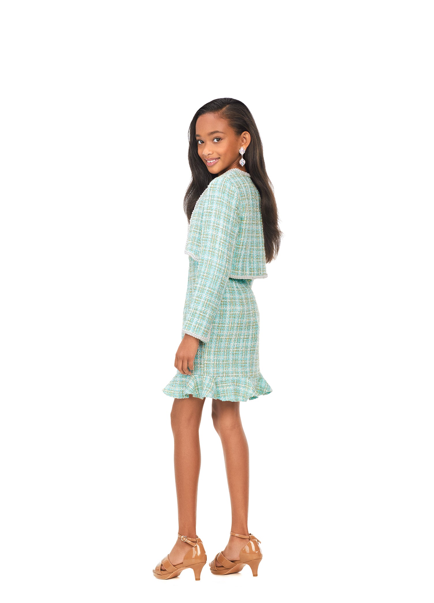 Ashley Lauren 8173 Kids Aqua Tweed Cocktail Dress with Jacket  This gorgeous tweed dress features a crew neckline with fitted skirt. The skirt is complete with a ruffle hemline. The stunning jacket is trimmed in pearls to complete the look.