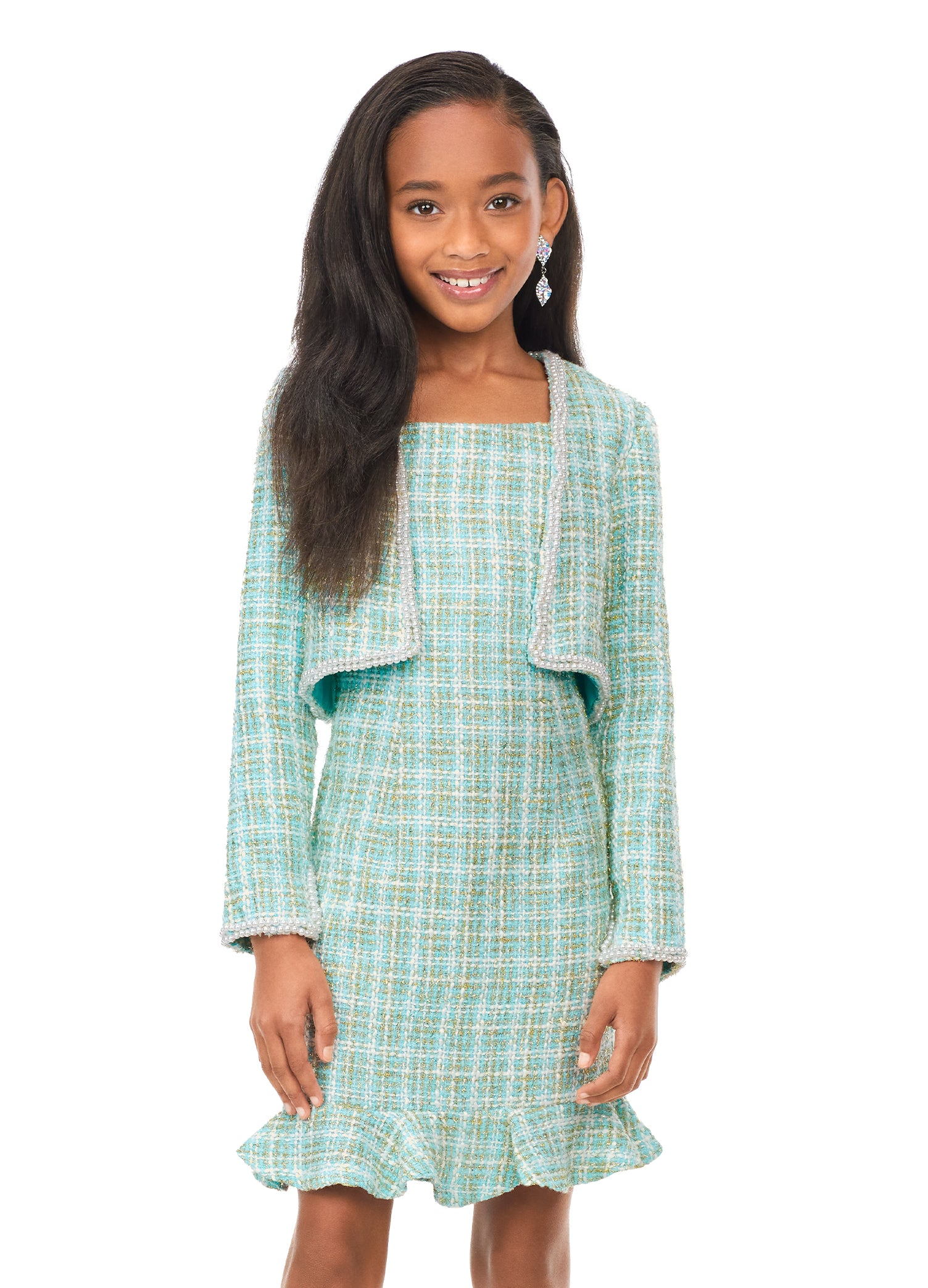 Ashley Lauren 8173 Kids Aqua Tweed Cocktail Dress with Jacket  This gorgeous tweed dress features a crew neckline with fitted skirt. The skirt is complete with a ruffle hemline. The stunning jacket is trimmed in pearls to complete the look.