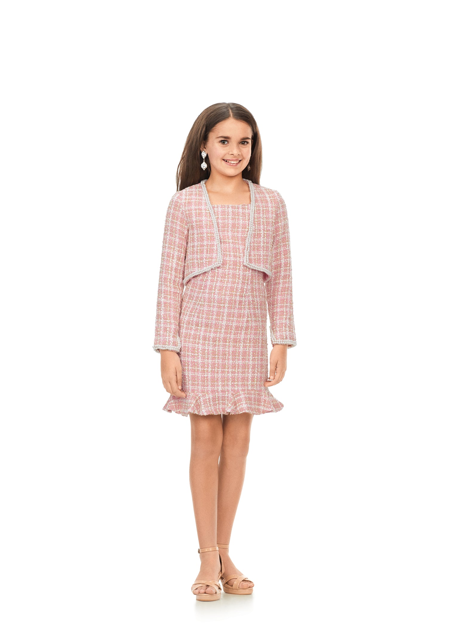 Ashley Lauren 8173 Kids Pink Tweed Cocktail Dress with Jacket  This gorgeous tweed dress features a crew neckline with fitted skirt. The skirt is complete with a ruffle hemline. The stunning jacket is trimmed in pearls to complete the look.