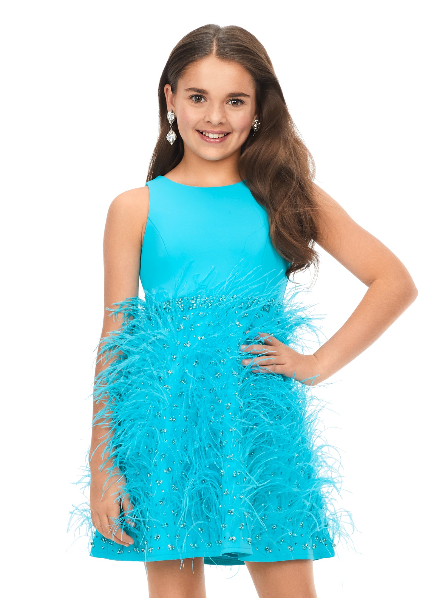 Ashley Lauren Kids 8176 Girls Pageant Cocktail Dress with Feathers and Crystals  This fabulous feather cocktail dress features a crew neckline giving way to a crystal encrusted waistband. The full feather skirt is accented by scattered crystals.