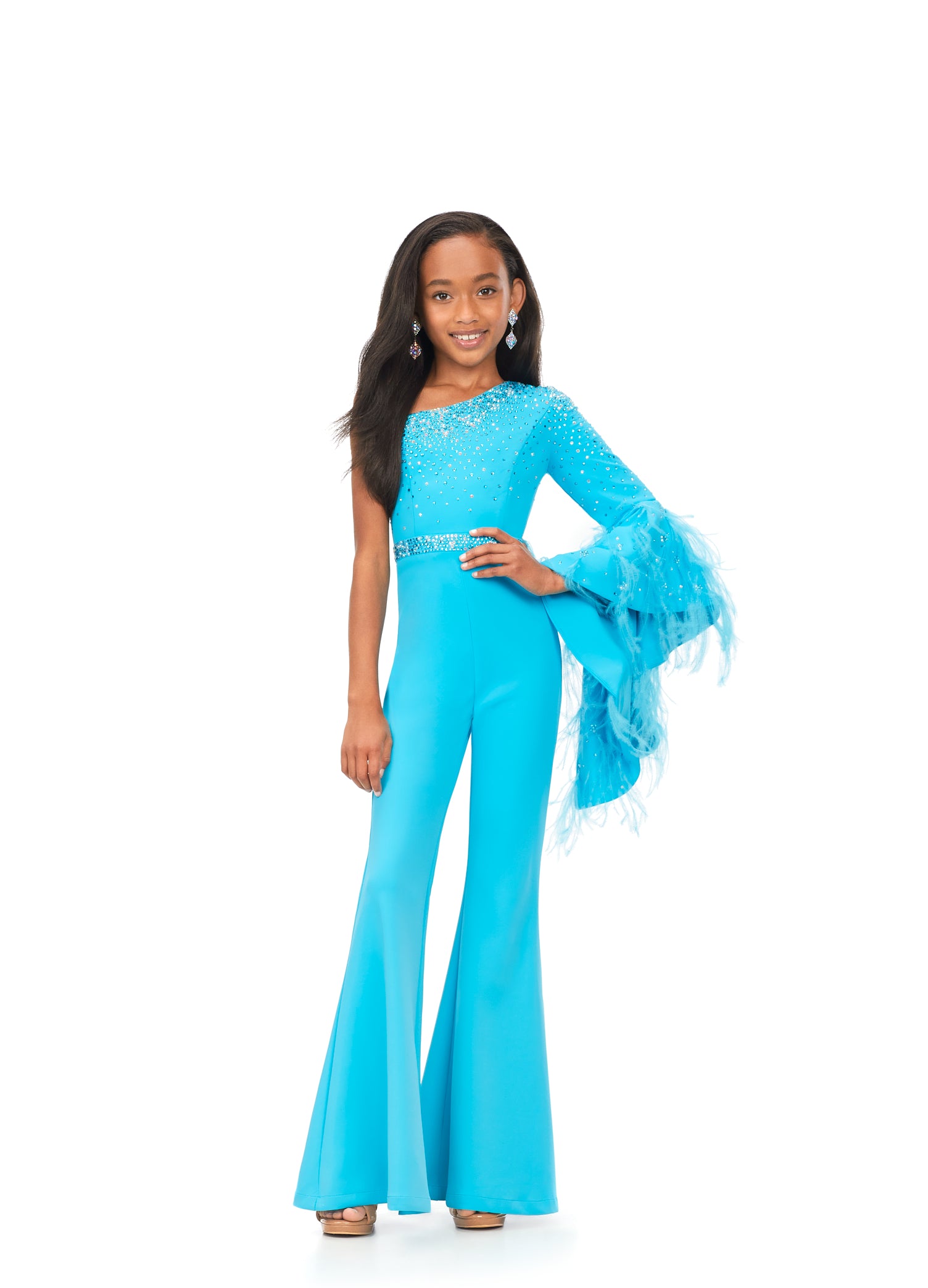Ashley Lauren Kids 8178 Turquoise Girls One Shoulder Jumpsuit with Bell Sleeve
