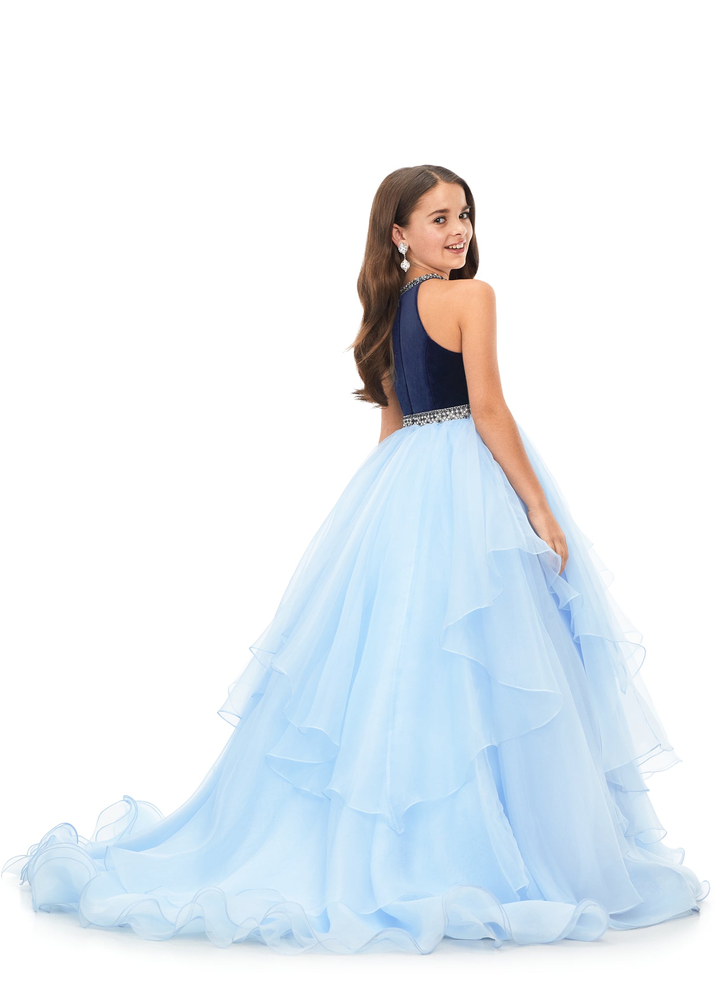 Ashley Lauren Kids 8179 Girls Halter Ball Gown Pageant Dress with Handkerchief Skirt   This kids halter style ball gown is accented with a velvet bodice. The neckline and waistline are embellished with crystal details. The full organza handkerchief style skirt is sure to wow!