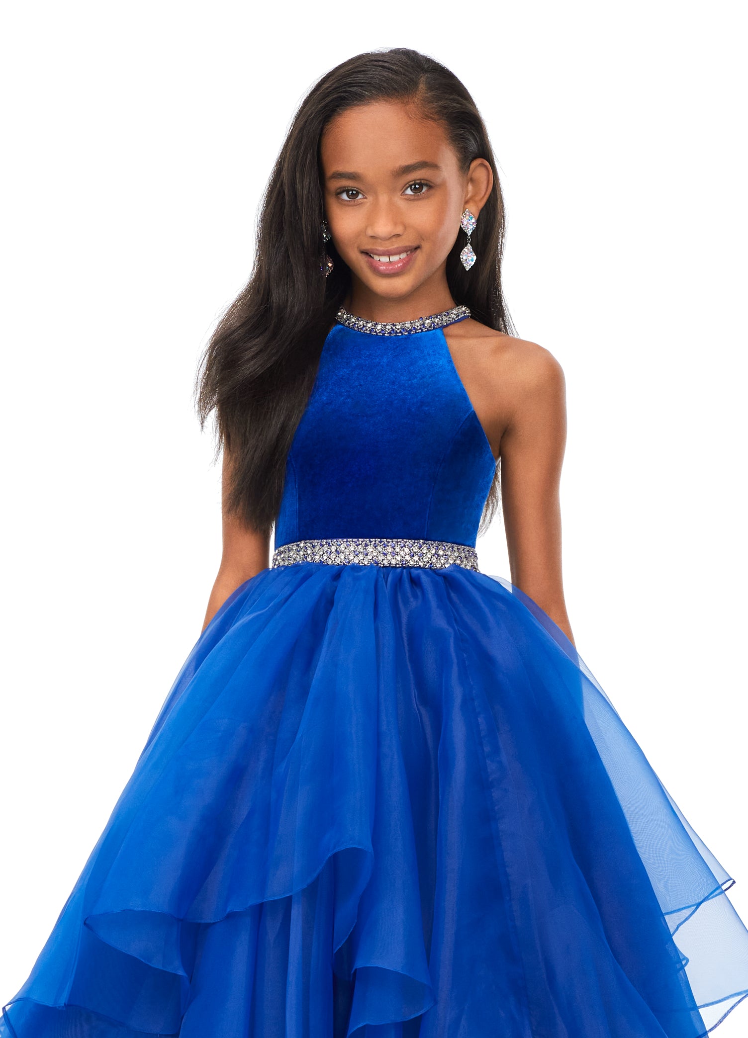 Ashley Lauren Kids 8179 Girls Halter Ball Gown Pageant Dress with Handkerchief Skirt   This kids halter style ball gown is accented with a velvet bodice. The neckline and waistline are embellished with crystal details. The full organza handkerchief style skirt is sure to wow!