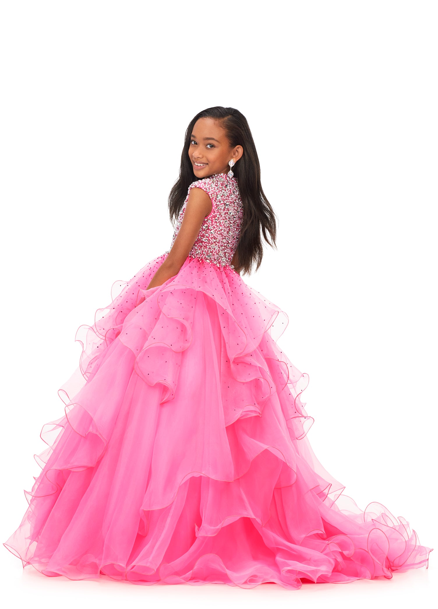 Ashley Lauren Kids 8180 Girls High Neckline Ball Gown with Organza Ruffle Pageant Skirt  Make them stop and stare in this kids high neckline ball gown with cap sleeves. The fully encrusted crystal and pearl bodice is sure to have all eyes on you. The a-line organza ruffle skirt is complete with scattered heat set stones throughout.