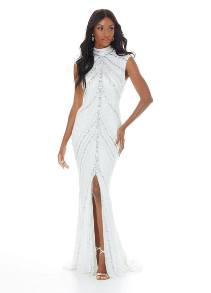 Ashley Lauren 1624 silver ivory high neckline beaded sequins fitted evening gown with front slit with a figure flattering beaded design pageant gown prom dress