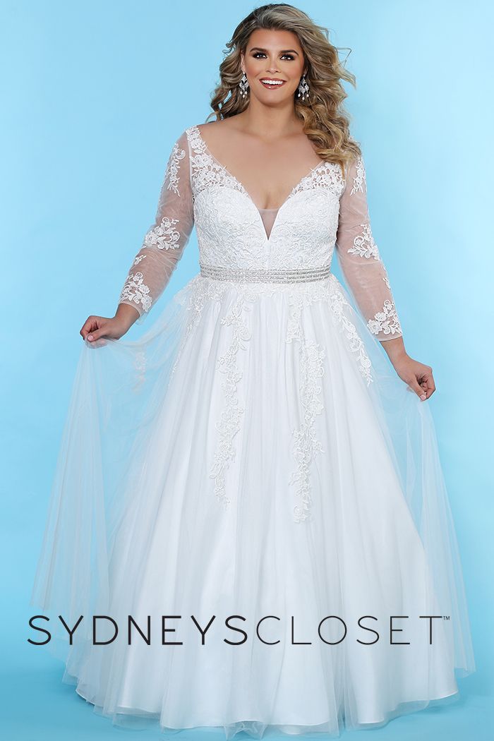 Sydney's Closet SC 5234 Cheryl Lynn Be a beautiful plus size bride in a floral lace embroidered informal wedding dress in simple, modern A-line design. Magnificent hand beaded belt accentuates your curves. Deep V-neck adds a modern design element. Lace appliques with clear sequins create just a hint of sparkle in the bodice, sleeves and tulle skirt. Designer Sydney's Closet Style SC5234 for full figure brides sizes 14 to 40.