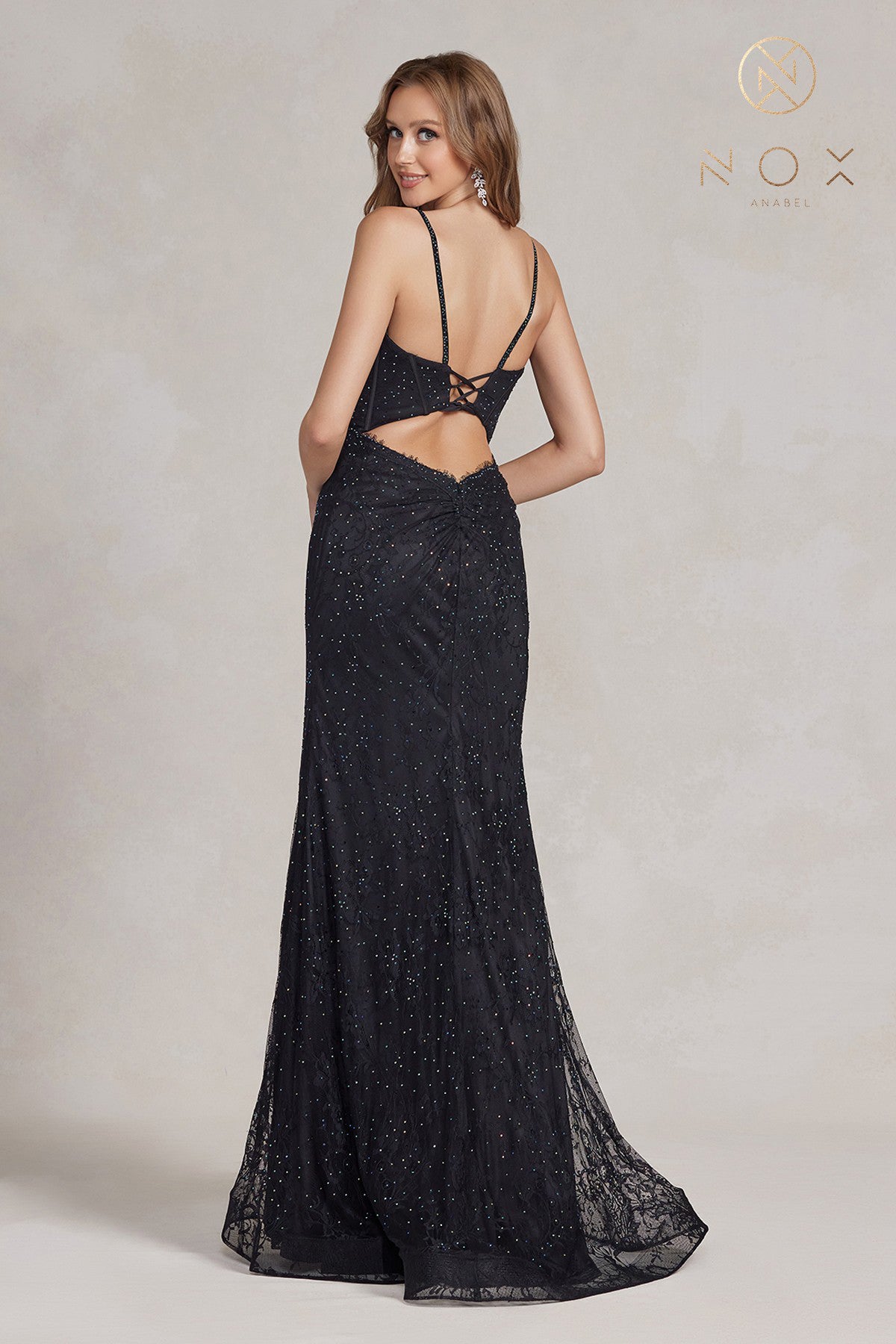 Nox Anabel B1145 Long Fitted Lace backless Corset Prom Dress Slit Embellished Gown  Sizes: 00-16  Colors: Black, Navy Blue