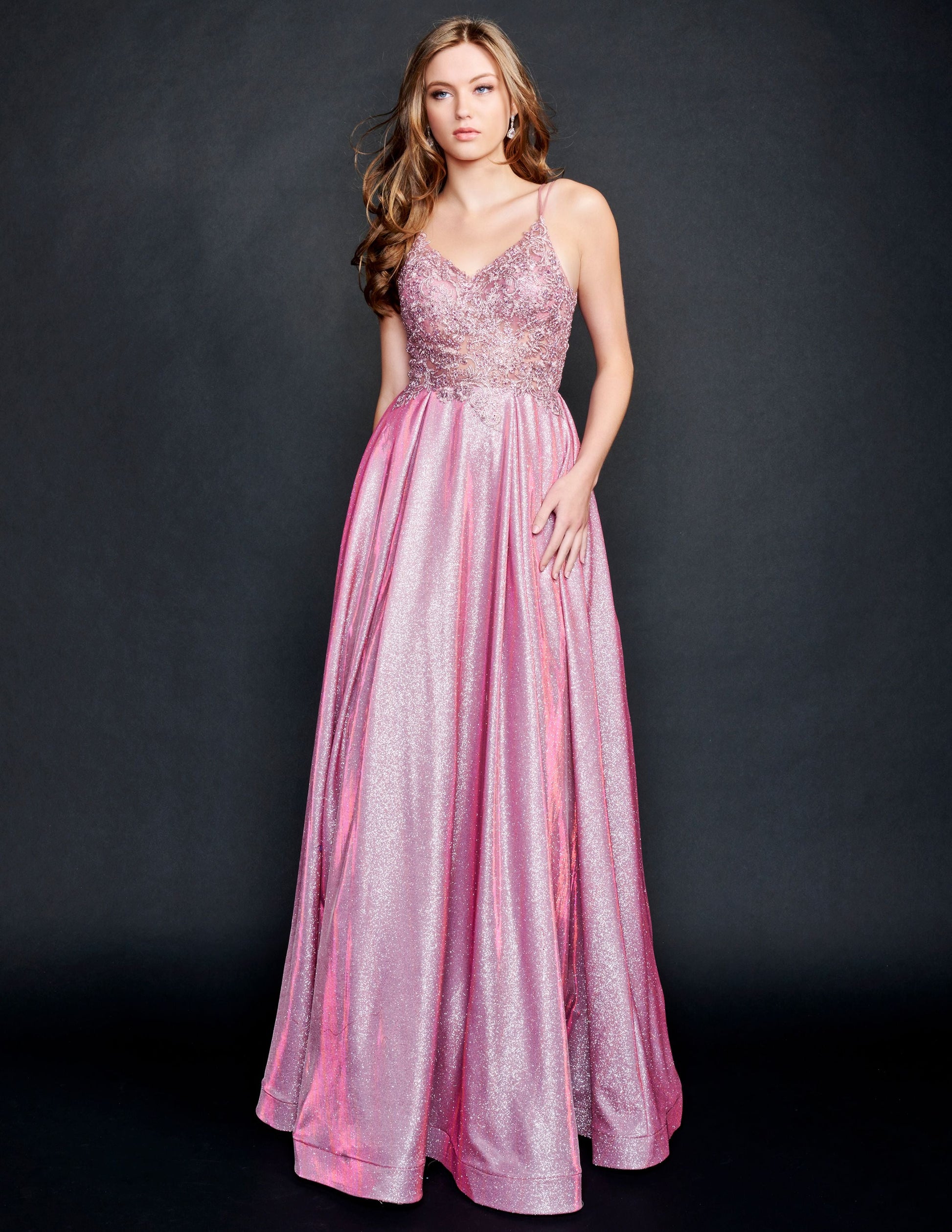 Nina Canacci 3186 Long Shimmer Sheer Lace Ballgown Prom Dress Pageant Gown  Available Size- 0-18  Available Color- Mauve, Red