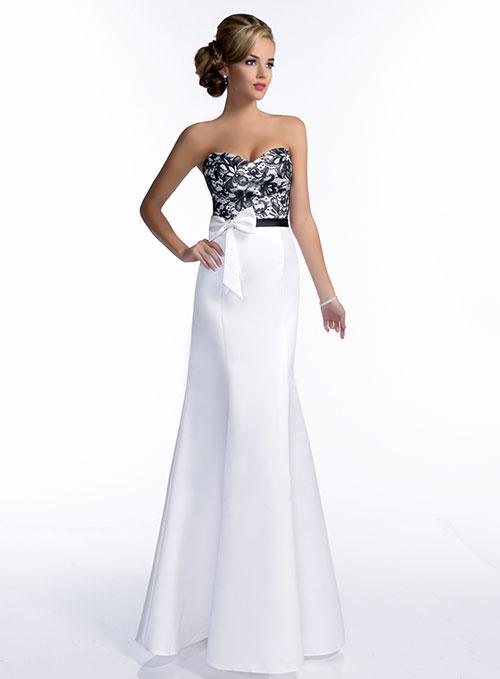 Adagio Bridesmaids BM142 Size 8 White Black Fit & Flare Formal Dress Lace Bodice Bow