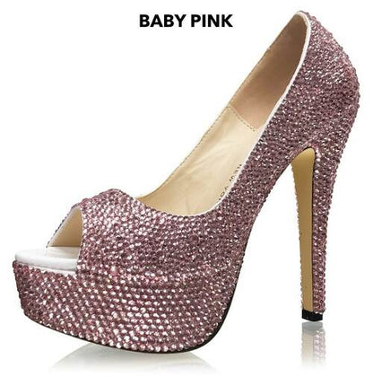 Marc Defang Barbi AB Crystal Platform Heel Prom Shoe  DESCRIPTION Featured crystal color: AB crystals Peep toes pumps, Heel height: 6" heels, 2" platforms  100% custom handmade product. Breathtaking craftsmanship Medium width, run true to size Available Sizes: 5.5, 6, 6.5, 7, 7.5, 8, 8.5, 9, 9.5, 10, 11 (Average 30 days before Arrival - custom made)