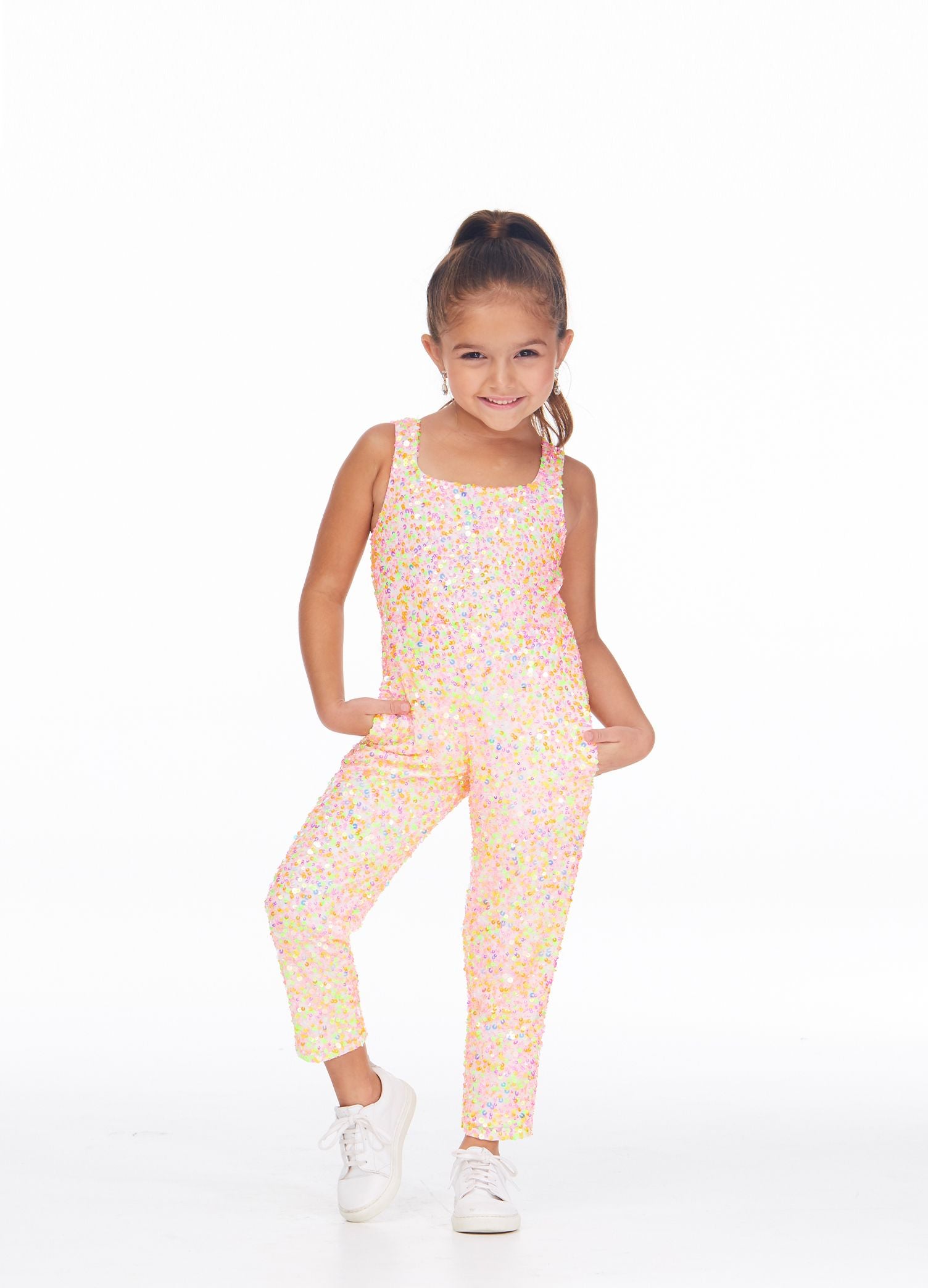 Ashley Lauren 8025 Sparkle at your next event in this fully beaded girls pageant jumpsuit. The top has modern tank style straps. The straight leg pants are complete with pockets.  Colors Multi/Ivory, Mint, Neon Green, Neon Orange, Red, Royal  Sizes 2, 4, 6, 8, 10, 12, 14, 16  Fully Beaded Jumpsuit Straight Pant Pockets