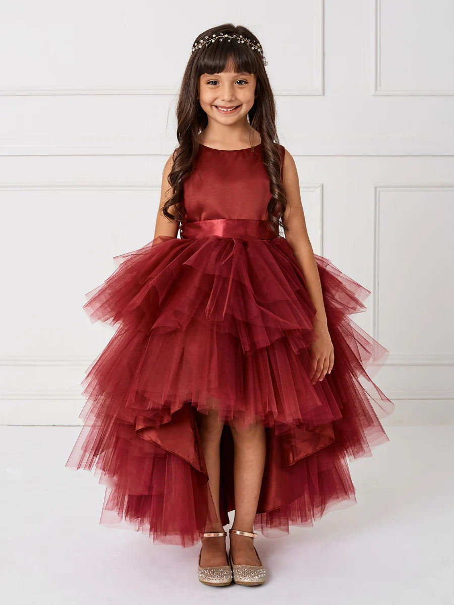 red high low tulle dress Red v neck high low lace tulle prom dress, tulle lace evening dress