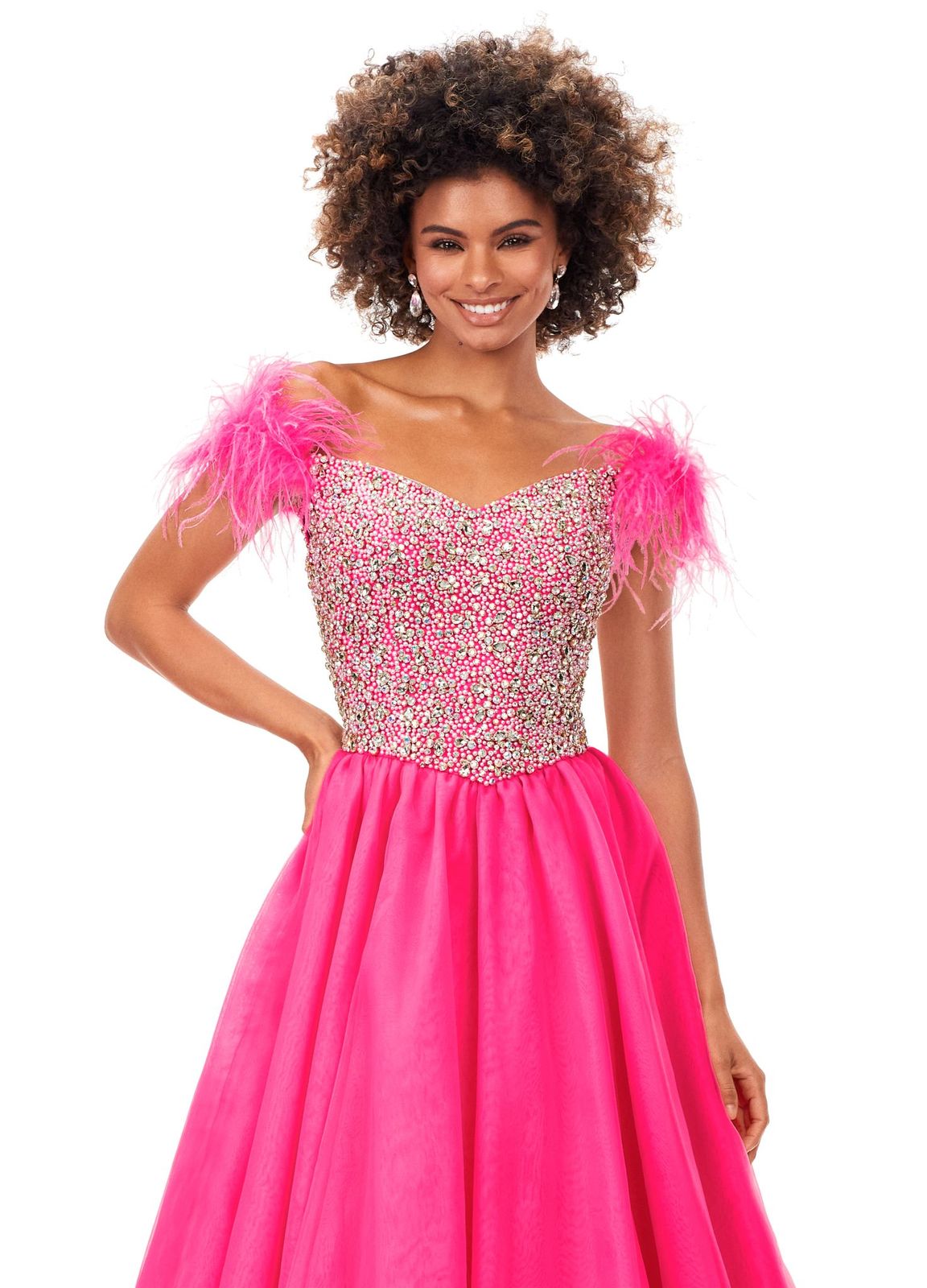 Ashley Lauren 11314 We are obsessing over this off the shoulder gown with feather details! The crystal encrusted bodice is sure to sparkle. The organza a-line skirt with wire hem will glide across the floor at your next event. Off Shoulder Feather Straps Crystal Encrusted Bustier Organza Skirt COLORS: Sky, Ivory, Hot Pink