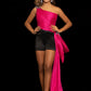 Sugar Kayne C122 by Johnathan Kayne is a Fun & Fabulous Stretch Taffeta Girls Pageant Romper. Featuring a ruched Asymmetrical one shoulder bodice. Rhinestone Floral threaded accents along the shoulder & Hip. Flowing Side Skirt is Layered for a Full & sassy look.  Available Colors: Fuchsia/Black, Ice Blue  Available Size: 2-16
