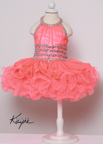 C216 Short girls Cupcake Ruffle High Neckline Pageant Dress Bow Crystal Embellished Have your little cupcake bring on all the charm in this stunning chiffon and organza gown. The corset back is the perfect addition as the little one grows!  Colors: Aqua, Hot Coral  Sizes:  0M, 12M, 18M, 24M, 2T, 3T, 4T, 5T, 6M, 6T  Fabric Chiffon, Organza, Satin Lining