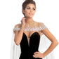 Johnathan Kayne C2 is a stunning Long Flowing Charmeuse Formal Cape with a sheer mesh illusion upper covered in Crystal Rhinestones. Full coverage off the shoulder illusion design. Perfect to pair with Prom, Pageant, Bridal & So many Glamorous Formal Events!  Available Colors: Black, White, Fuchsia, Royal