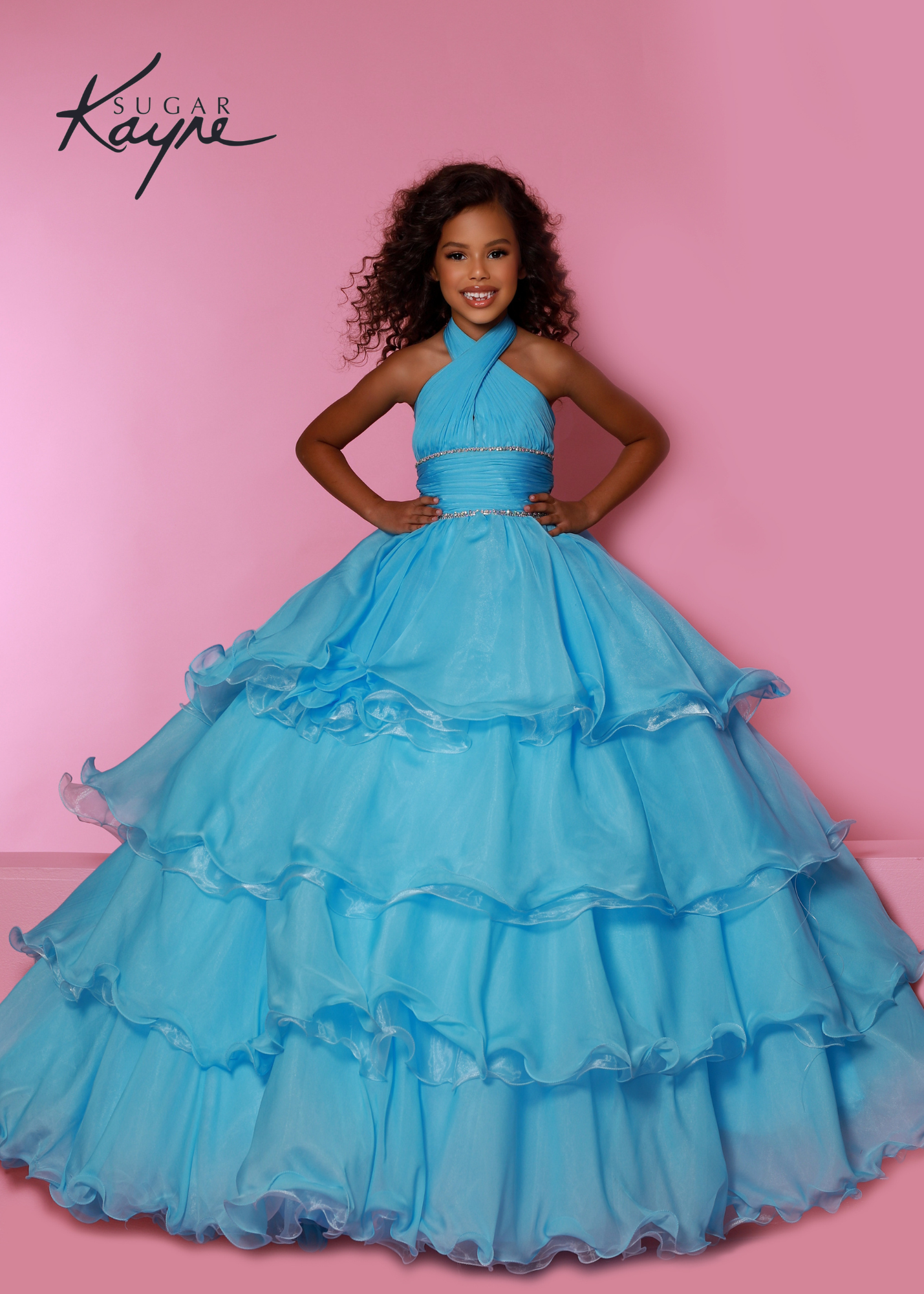 Sugar Kayne C305 Layer Girls Ruffle Pageant Ball Gown Cape Halter Formal Dress Oh s'cute!! This poly chiffon layered ballgown features a crisscross halter neckline with beaded trim along the waist. The train will float seamlessly across the stage, especially with the detachable cape.  Colors: Baby Blue, Lemon, White  Sizes: 2, 4, 6, 8, 10, 12, 14, 16  Fabric Poly Chiffon, Satin Lining