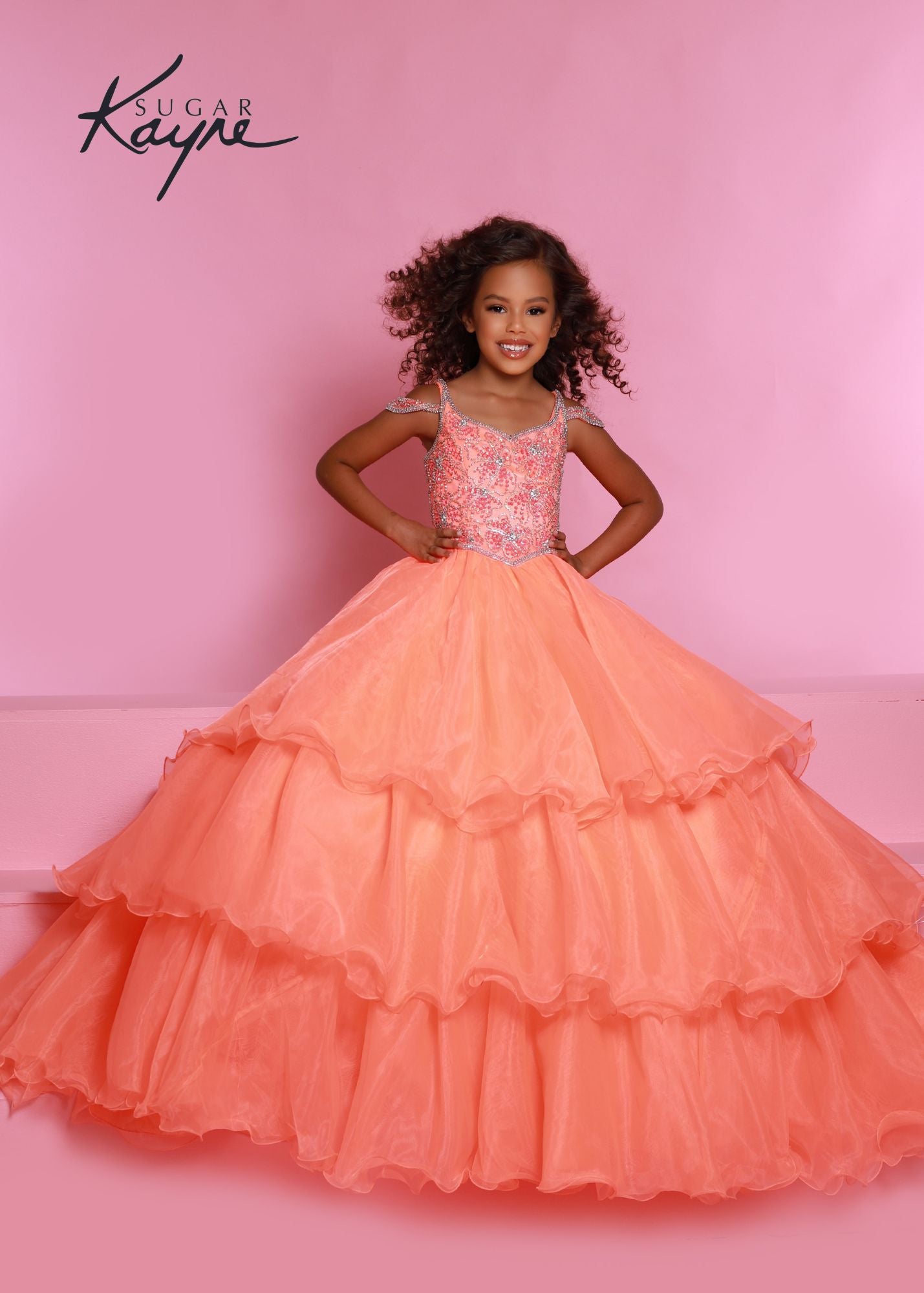Sugar Kayne C318 Long Layer Ruffle Girls Pageant Dress off the Shoulder Ball Gown Beaded