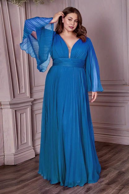 Ladivine CD242 Long Pleated Chiffon A Line Bell Sleeve V Neck Formal Dress Bridesmaid Gown An elegant and sophisticated option for attending a wedding or other formal occasion. This chiffon gown is pleated from sleeve to hem and gathered at the deep v-neckline and waist. An open mid back has a center back zipper closure.  Sizes: 6-24  Colors: Blossom Pink, Blue, Champagne, Jade, Lavender, Orchid, Red, Rose Gold, Teal, Yellow