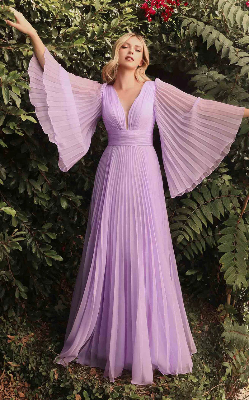 Ladivine CD242 Long Pleated Chiffon A Line Bell Sleeve V Neck Formal Dress Bridesmaid Gown An elegant and sophisticated option for attending a wedding or other formal occasion. This chiffon gown is pleated from sleeve to hem and gathered at the deep v-neckline and waist. An open mid back has a center back zipper closure.  Sizes: 6-24  Colors: Blossom Pink, Blue, Champagne, Jade, Lavender, Orchid, Red, Rose Gold, Teal, Yellow