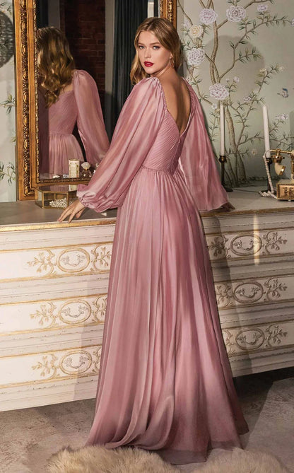 Ladivine CD243 CD243C Long Sleeve Chiffon A Line Formal Dress V Neck Bridesmaid Dress Bridesmaid Be tantalized by the allure of this fascinating Cinderella Divine CD243 creation. Fluttering into an ethereal silhouette, this gown flatters with a sweetheart neckline on a pleat-rendered bodice. Styled with a v-open back and framed with long bishop sleeves, the A-line skirt flutters into a floor grazing hemline with a sweeping train. Be impressed with the captivating style of this Cinderella Divine masterpiece.
