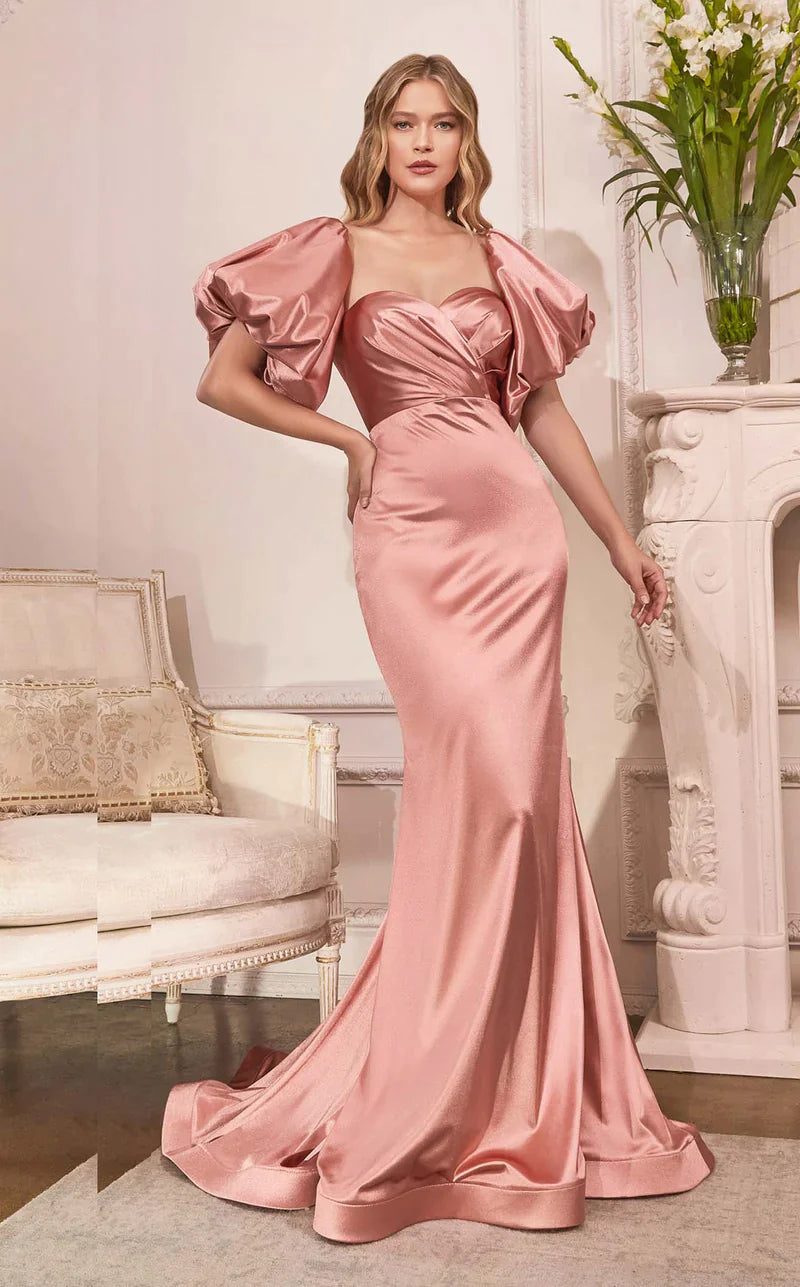 Ladivine CD983 Long Fitted Satin Strapless Puff Sleeve Formal Dress Bridesmaid Evening Gown The Ladivine CD983 is a formal evening gown made of fitted satin. It features a strapless bodice and puff sleeves, giving a sophisticated look and flattering silhouette. Perfect choice for special occasions, from bridesmaids to formal parties.