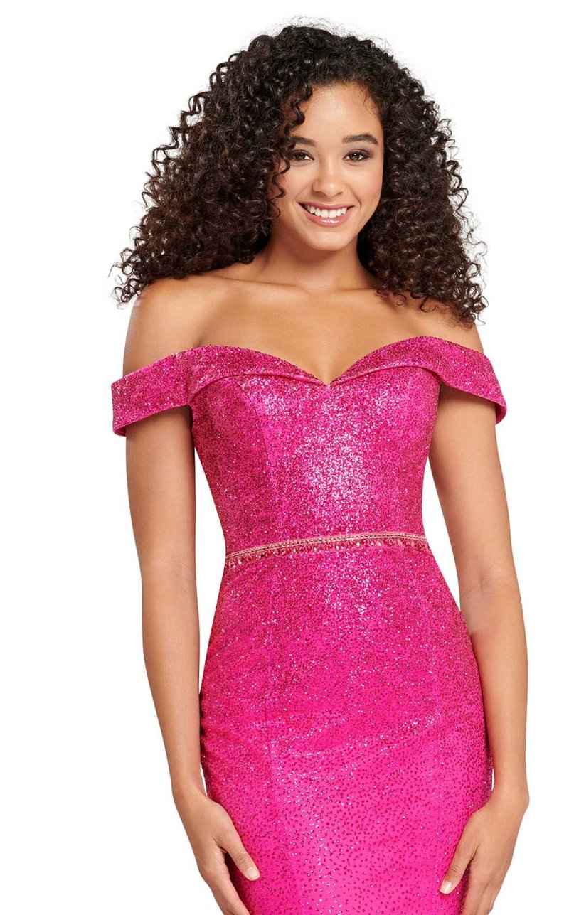 Ellie Wilde EW120028 - EW 120028 Sleeveless sequin lace fit and flare gown with a plunging V-neck, natural waist, criss cross back, horsehair hem and a sweep train. Glittering V-neckline evening gown by Ellie Wilde